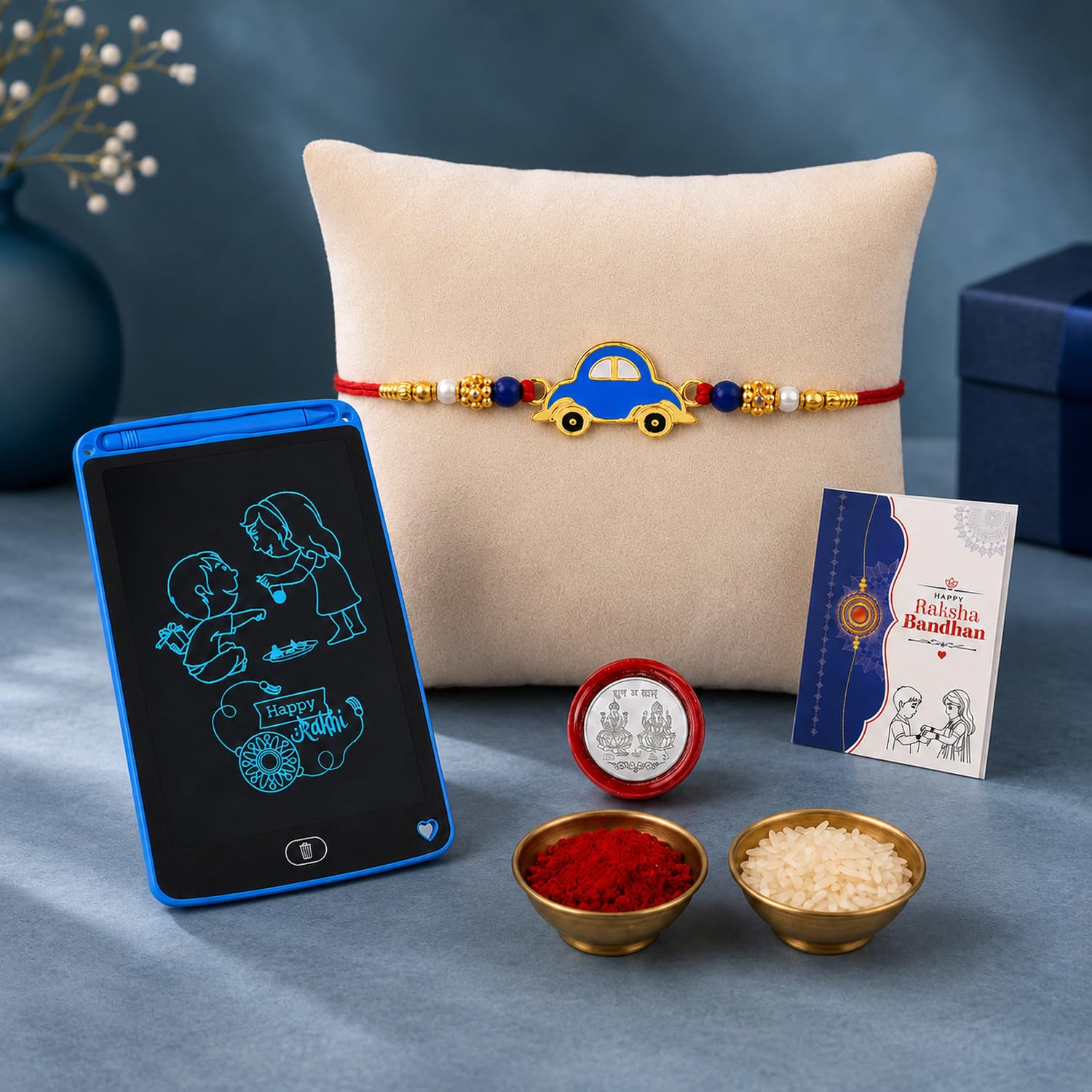 DeoDap Kids Cartoon Car Design Rakhi with 8.5 Inch LCD Writing Tablet for Brother, Pooja Coin, Roli Chawal & Greeting Card | Rakhi Gift Combo for Raksha Bandhan 1