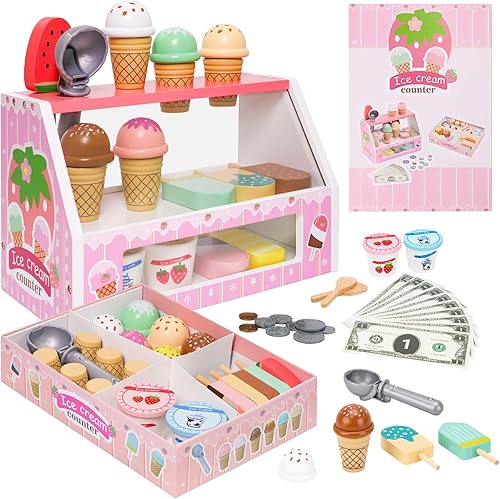 Miniatura 1 de Juguetes de helado de madera para niños, tienda de mostrador de helados, tienda para niños pequeños, juego de simulación, cuchara y servir con