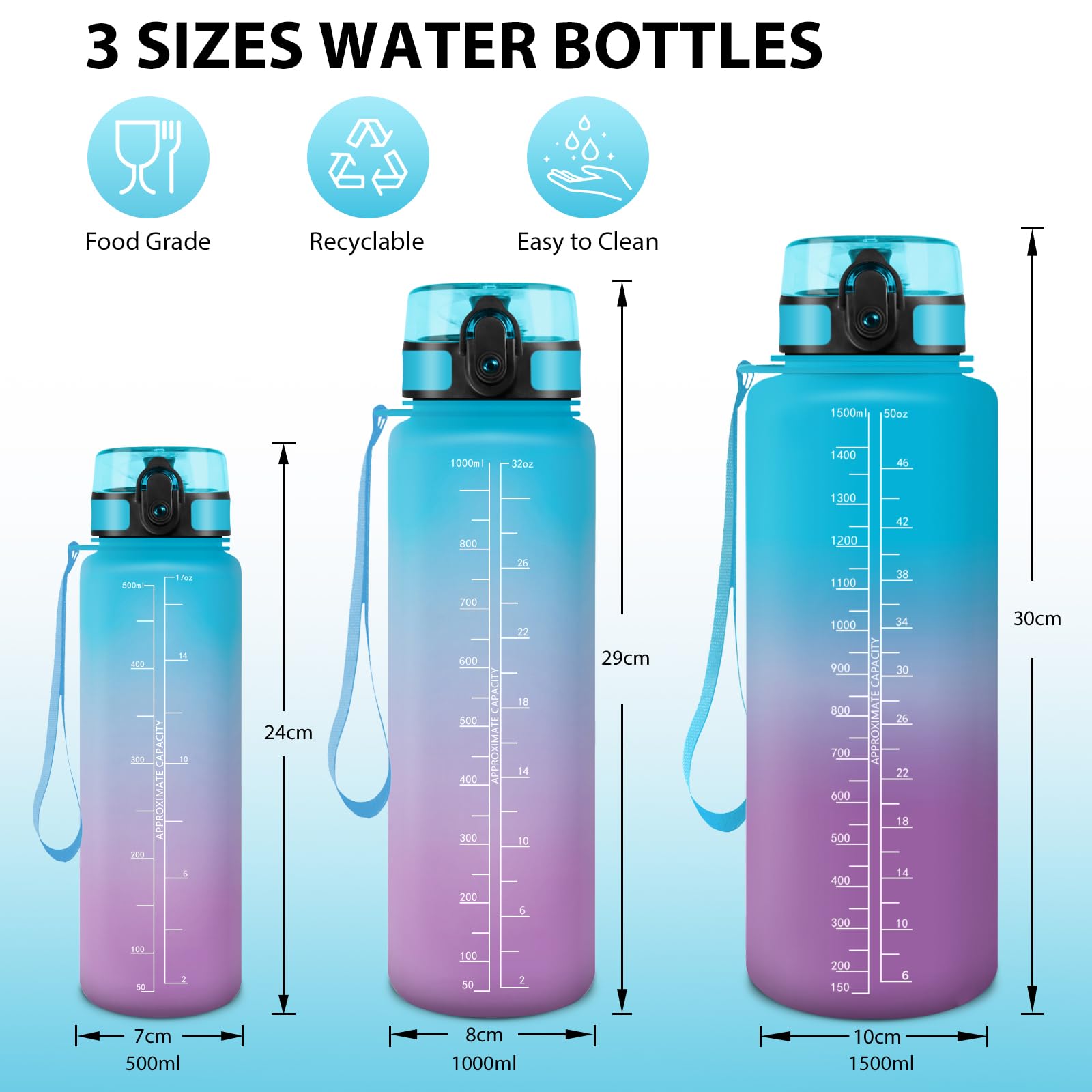 Borraccia, 1,5 Litri Prova di Perdite, Borraccia Palestra, Sportiva Tempo, Boraccia Motivazionale, con Filtro, Borracce, Bottiglia Acqua per Scuola, Campeggio, Yoga, Ufficio
