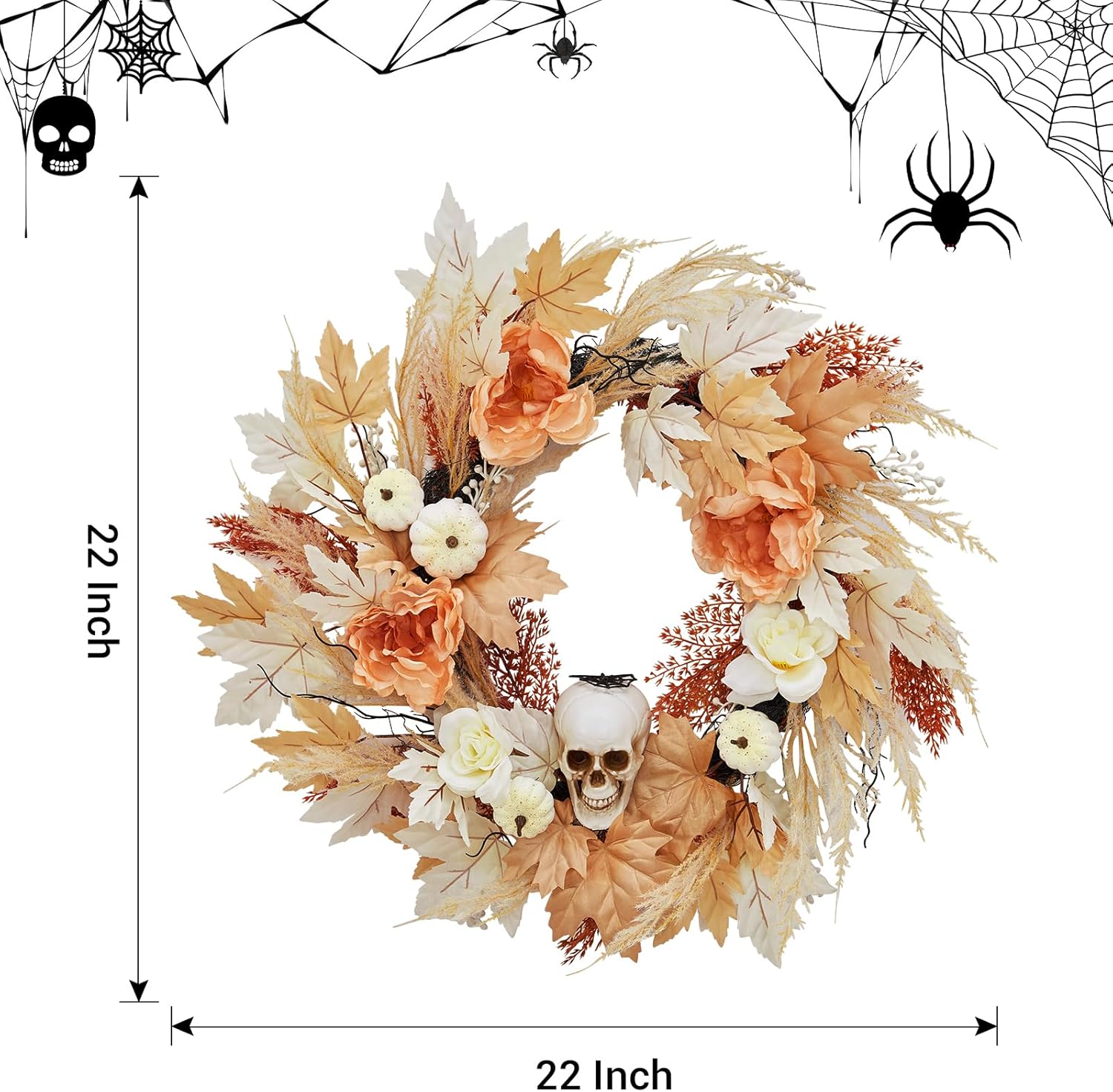 GarveeHome 22 Inch Halloween Skull Wreaths for Front Door, Fall Maple Leaves Wreath with Lights White Pumpkins Roses, Halloween Decorations for Porch Window Indoor Outdoor Decor