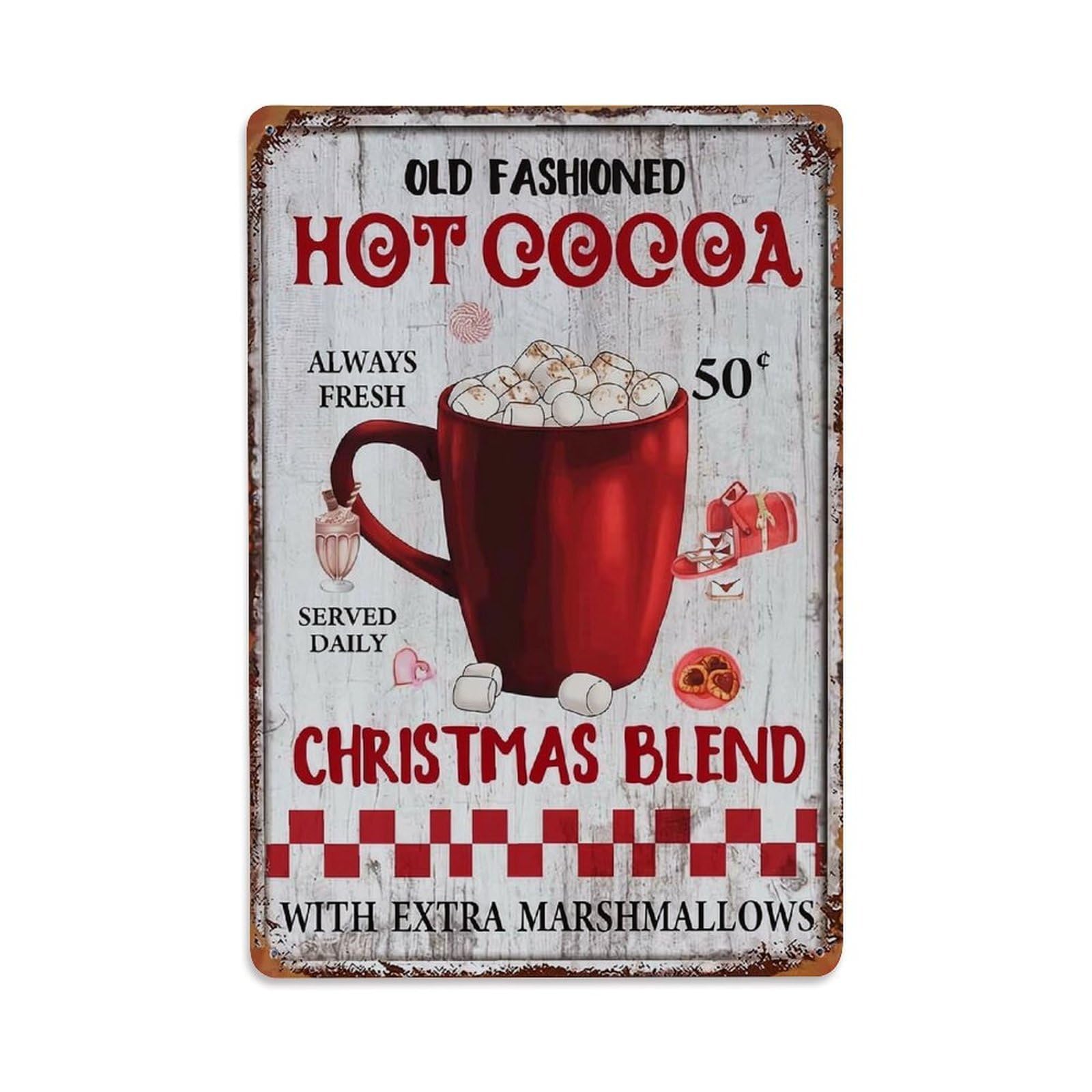 Jdfenggu Vintage Red Cup Marshmallows Cocoa Christmas Blend Retro Metal Tin Sign, Decor Art Poster For Bar, Home, Man Cave, Kitchen, Laundry Room Gift 8X12inch