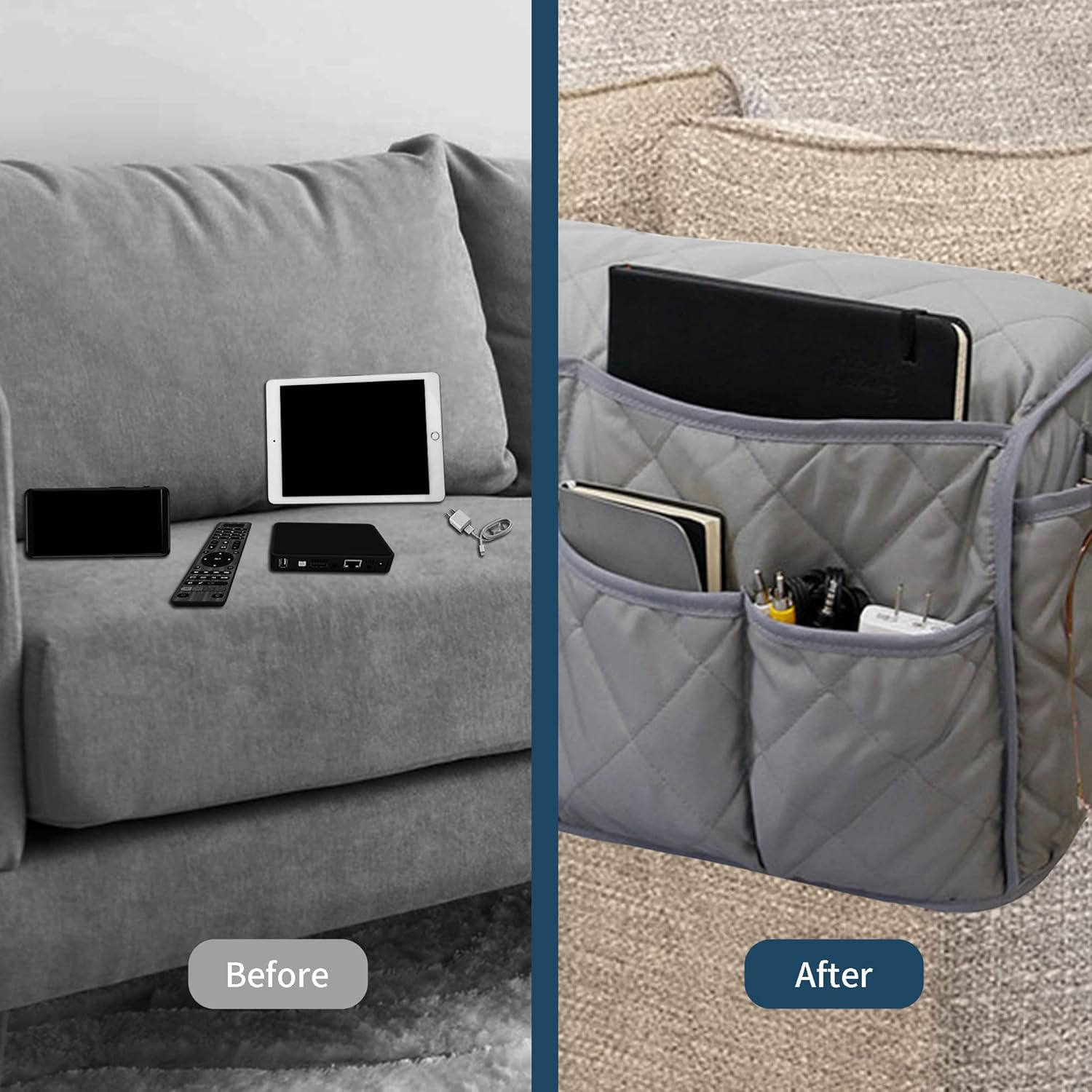 MEHIDFY Armchair Caddy, Waterproof Sofa Armrest Organizer, Non Slip Recliner Organizer, Remote Holder for Recline, Recliner Caddy with 14 Pockets Storage for TV Remote, Phone, Magazine(blue+grey)