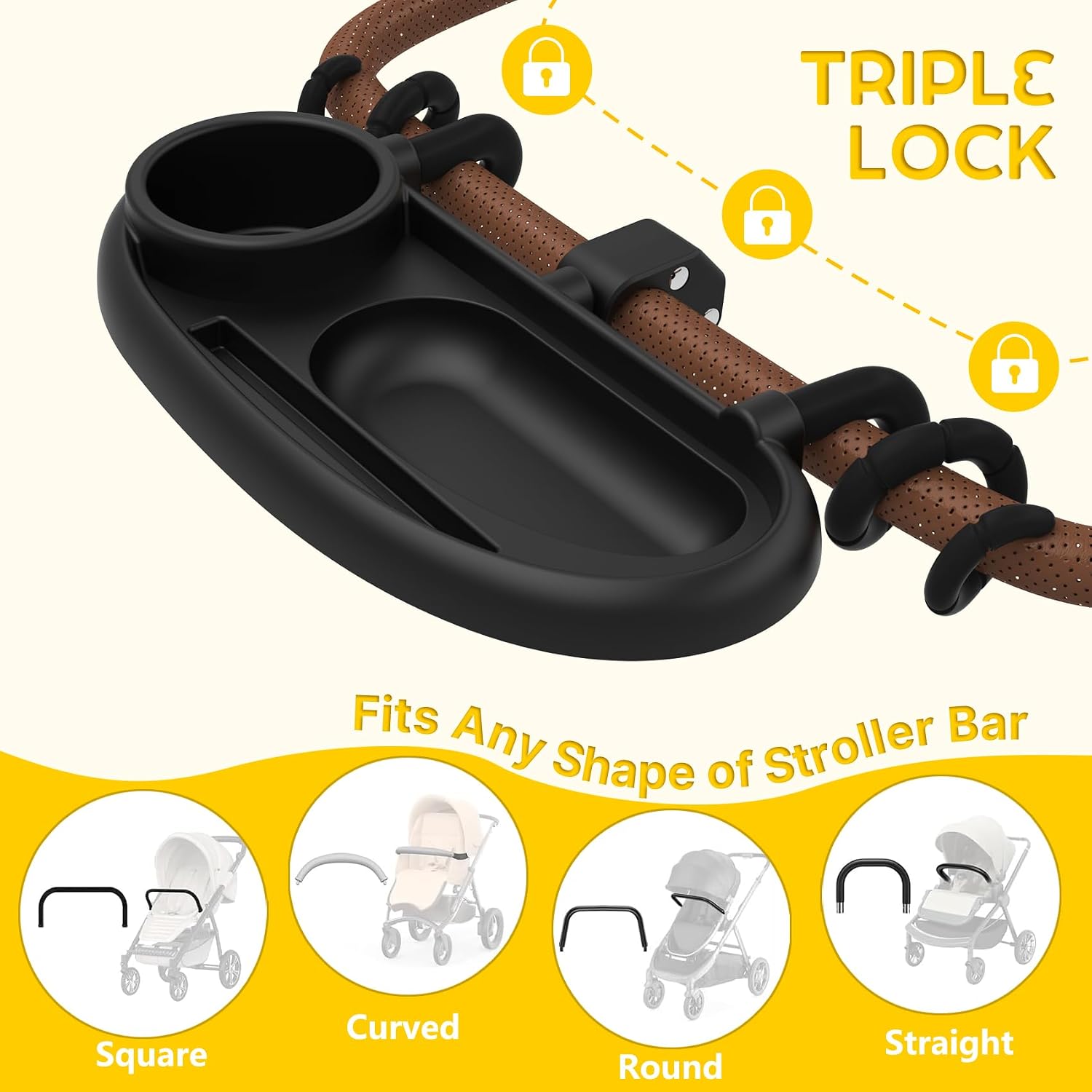 Universal Stroller Snack Tray with Cup Holder, Secure 3-Point Lock Design, Flexible Silicone Grips & Removable Snack Surface for Toddler Drinks, Snacks and Bottles