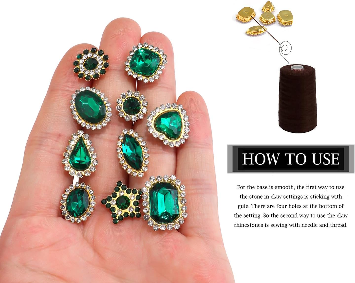 50 PCS Sew on Rhinestones Mixed Shapes Glass Green Rhinestones Sew on Crystal Gems Mental Flatback with Gold Claw for Jewelry Crafts Clothes DIY Craft Shoes Dress Jewelry Making - Image 4