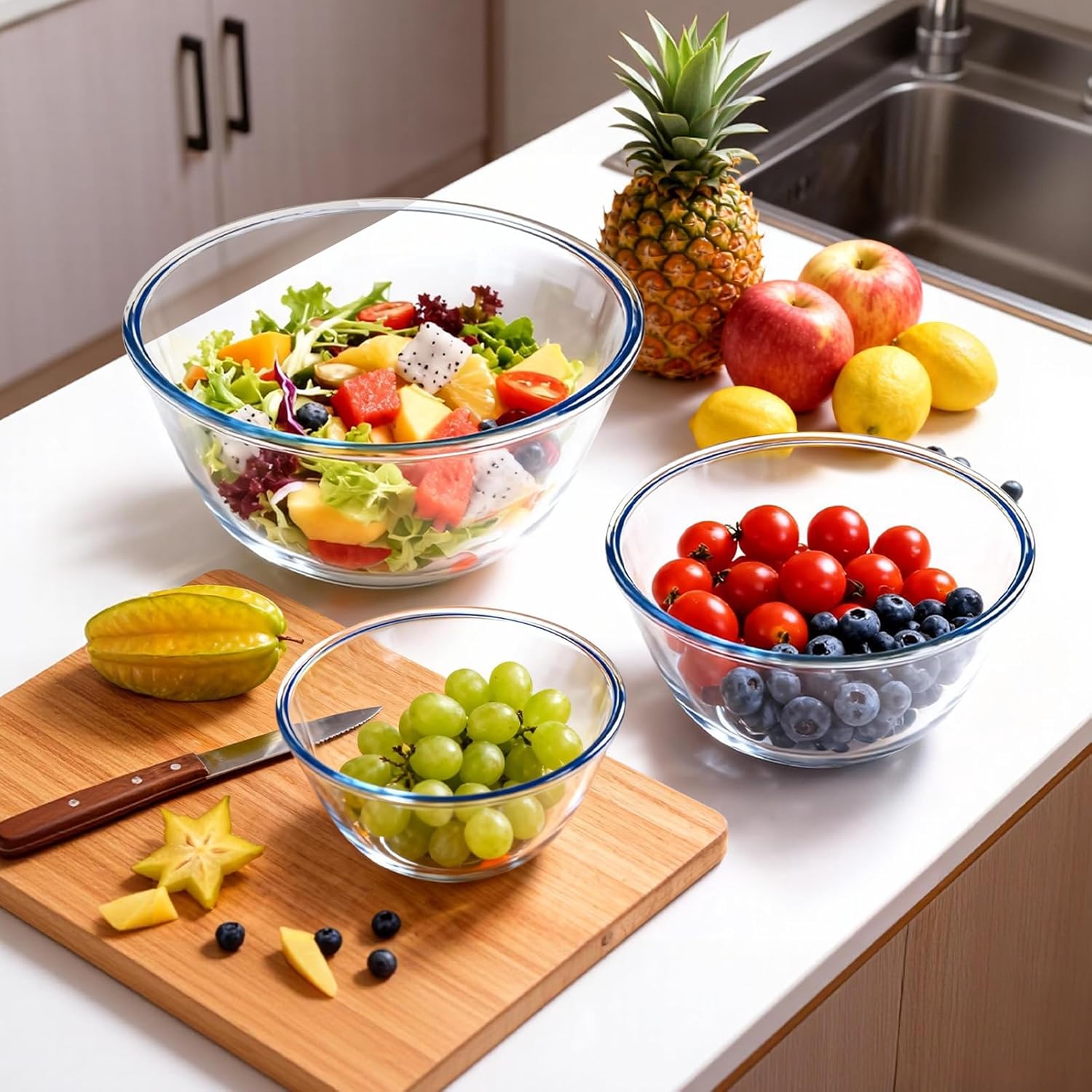 WhiteRhino Glass Mixing Bowls Glass Bowls with Lids Set(4.5QT,2.7QT, 1.1QT),Large Salad Bowls,glass mixing bowl Space-Saving Nesting Storage bowls for Cooking,Baking,Prepping,Dishwasher Safe - Image 7