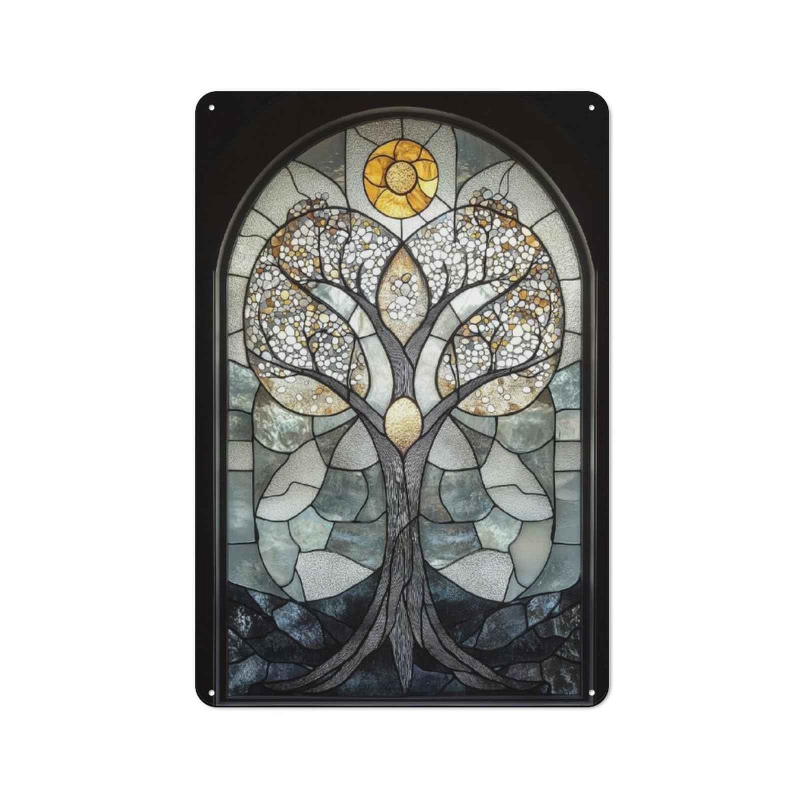 Junmoney Style-18 Vintage Metal Sign 30X20cm Featuring Tree Stained Glass Artwork For Pub Or Café, Wall Decor For People Reorganising Pub And Café