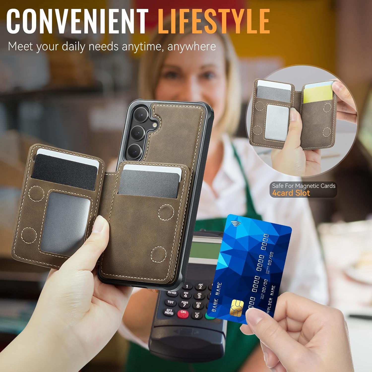 Compatible with Magsafe for Samsung Galaxy S25 Wallet Case Magnetic Card Holder, RFID Blocking 2 in 1 Detachable Kickstand Shockproof Case for Women Men, Brown