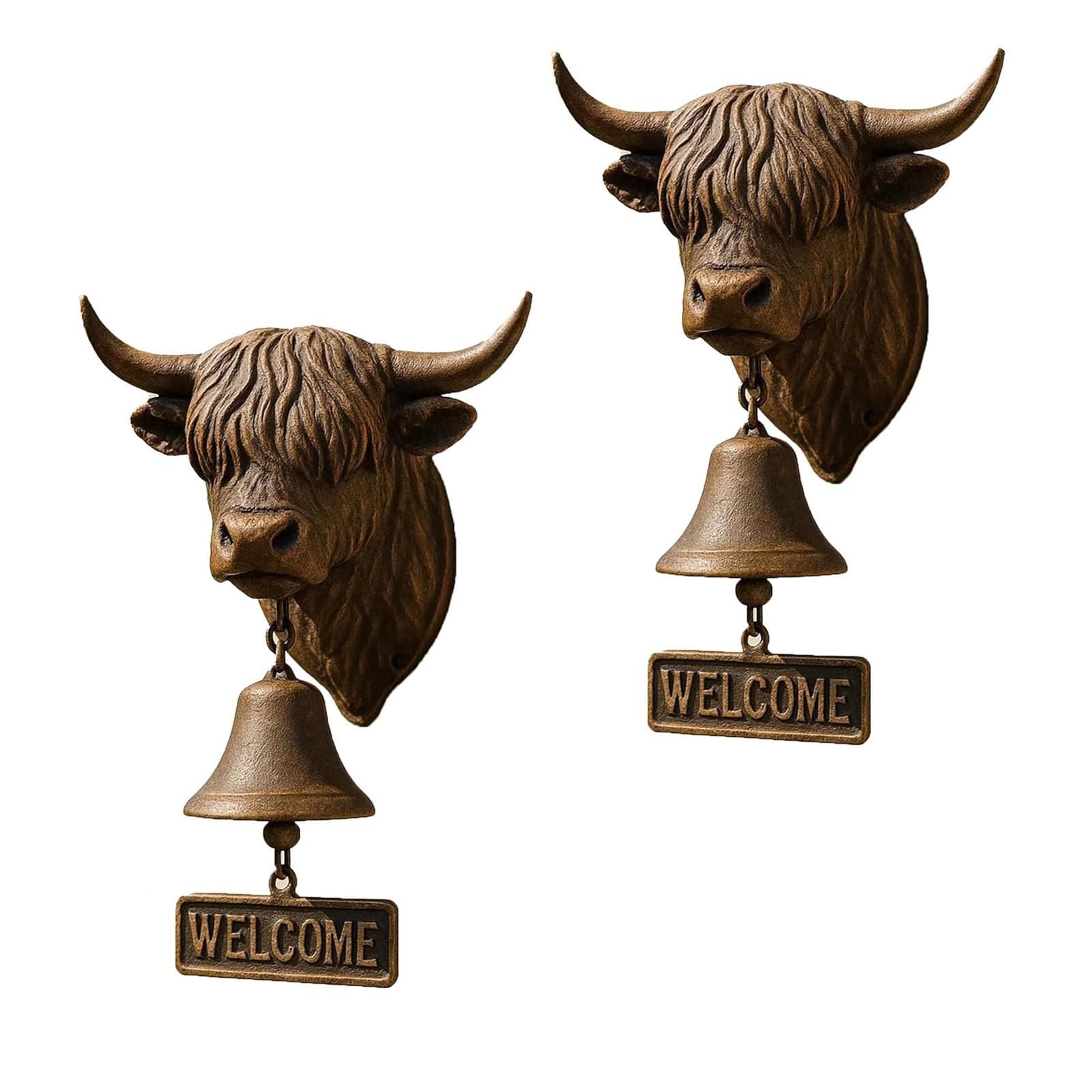 Houkunka 2Pcs Handmade Highland Cow Welcome Bell - Vintage 3D Resin Wall Mounted Doorbell With Crisp Sound, Rustic Farmhouse Decor For Porch Garden Ranch, Gift For Cow Lovers (2Pcs)