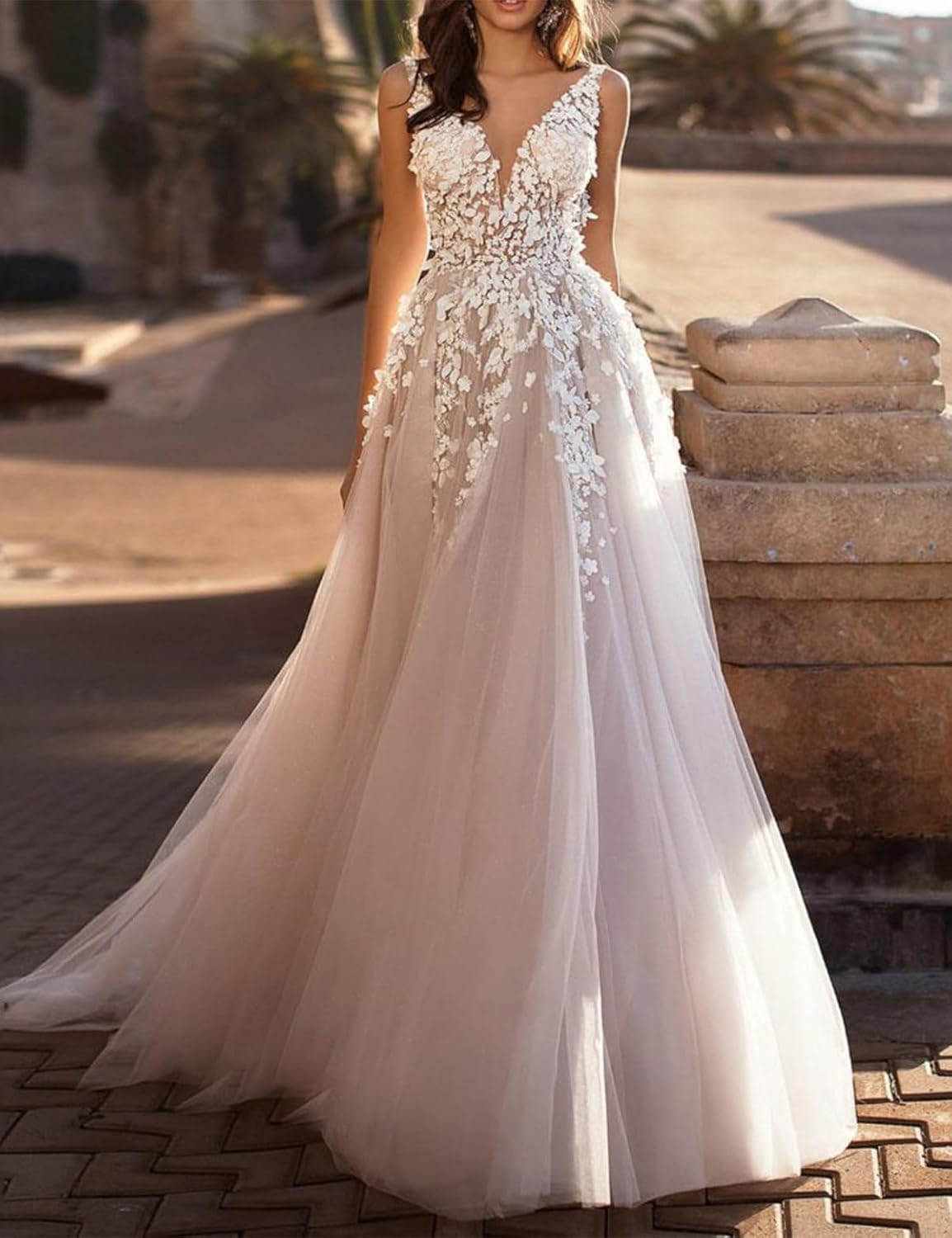 Elegant V - Neck A - Line Wedding Dress with Delicate Flower Embroidery and Tulle Skirt for Bridal Occasion