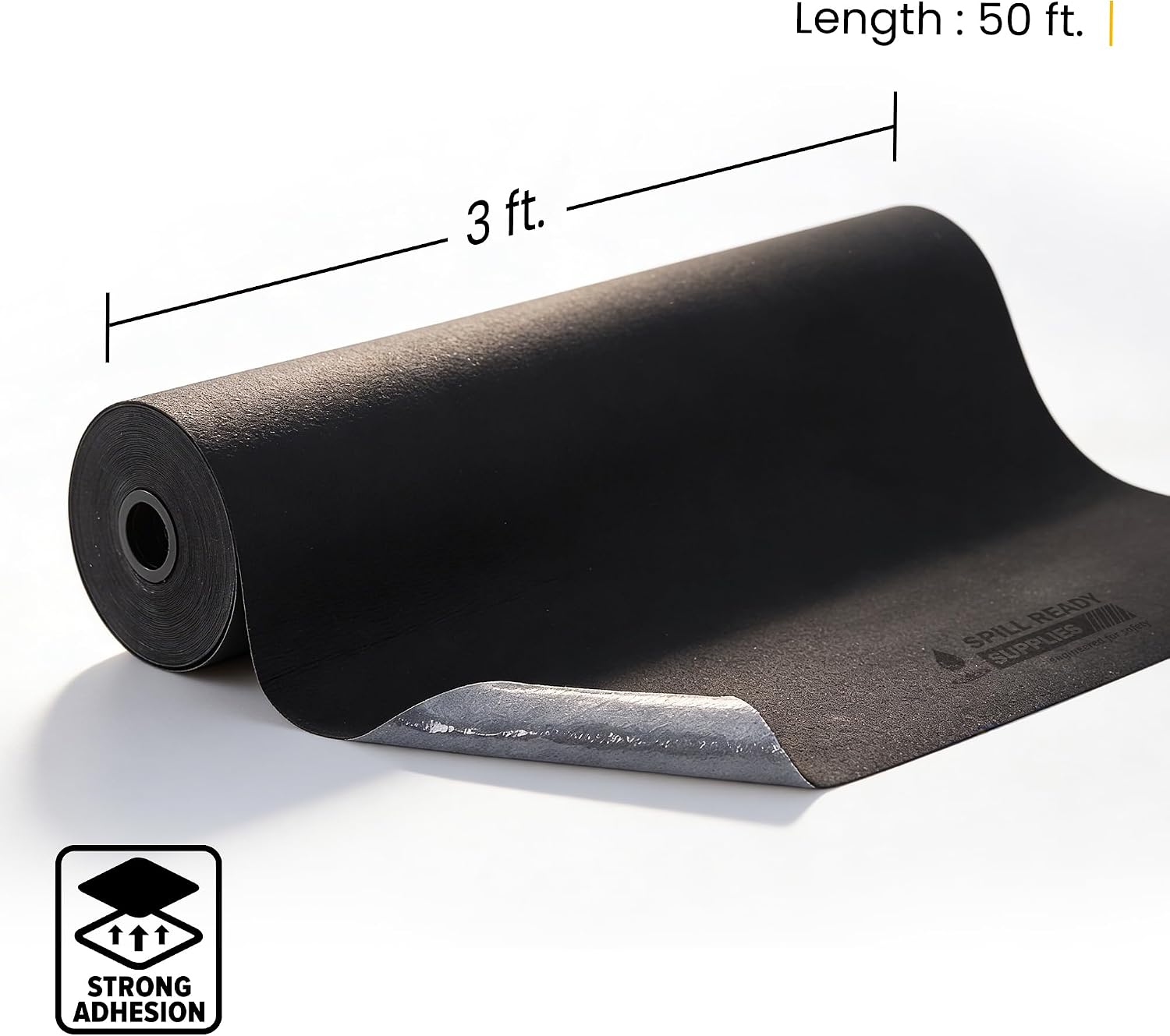 Spill Ready 3' x 50' Adhesive Absorbent Floor Mat Roll, Heavyweight 3 mm, Black Oil, Grease and Water Floor Mat, Garage Mat