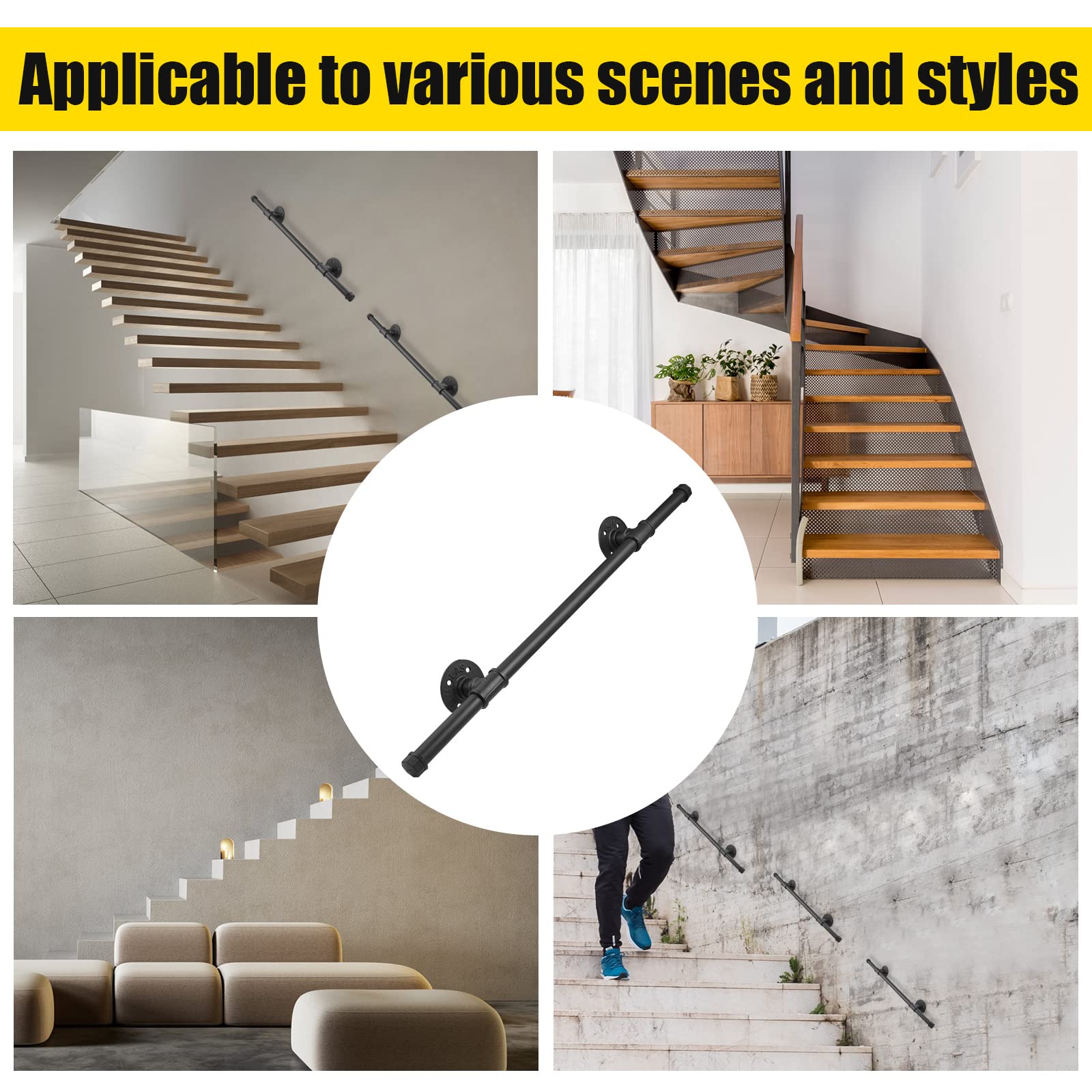 Handlauf für Treppen, Handlauf Treppengeländer Innen und Außen, Handlauf Schwarz mit Rutschfestem, Rostfreiem, Industriellem, Verzinktem Stahlrohr für Küche BadGarten, 1 M