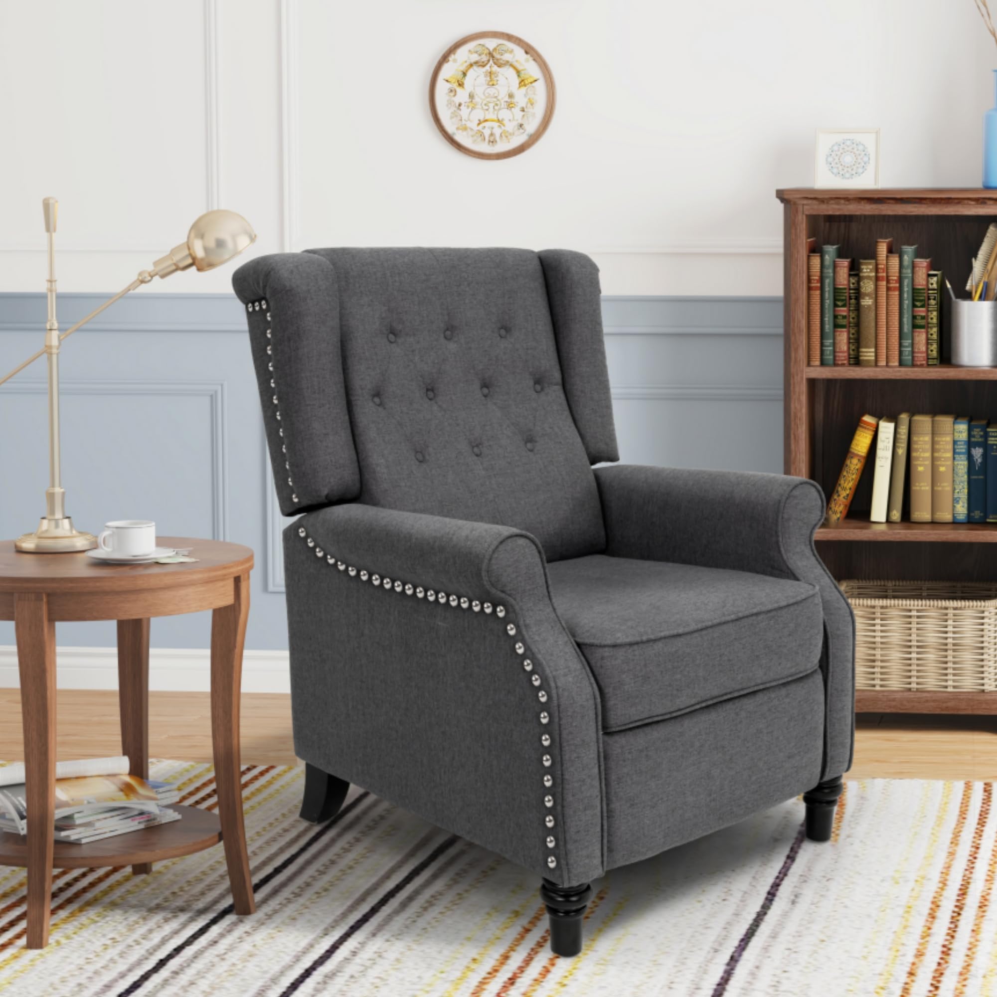 Recliner Chair, Accent Sofa Chair with Wingback, Lazy Boy Recliner Chair, Pushback Recliner with Decorative Rivets, Adjustable Linen Armchair, Indoor Lounge Chair for Home Office