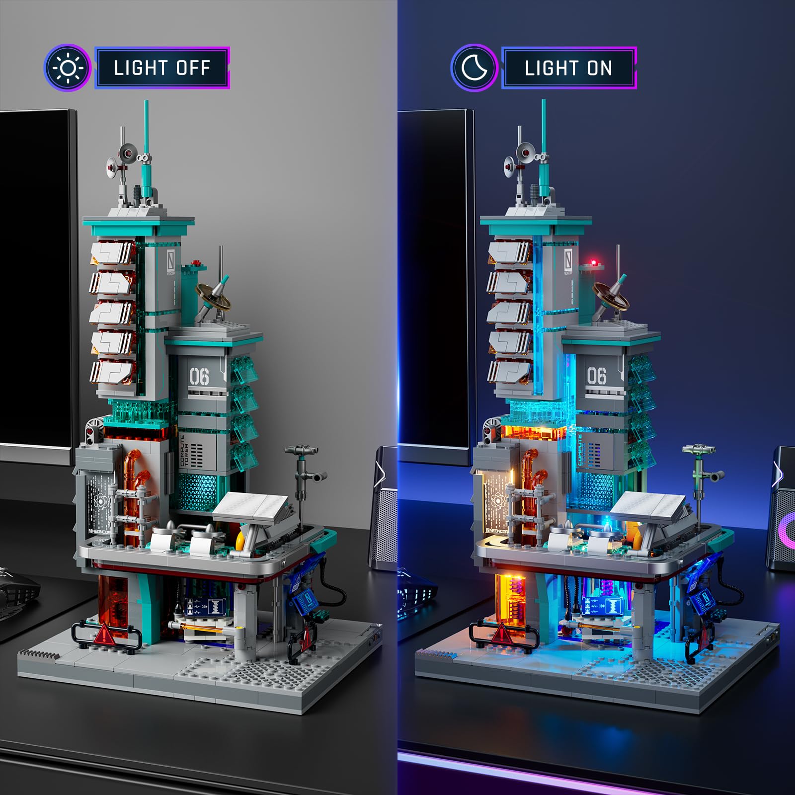 Lumibricks Neon Tech Station Beleuchtetes Klemmbaustein-Set, 1282 Teile Cyberpunk Hochhaus mit LED-Licht, Modulare Datenstation mit Herausnehmbaren Modulen & Stromverbundsystem