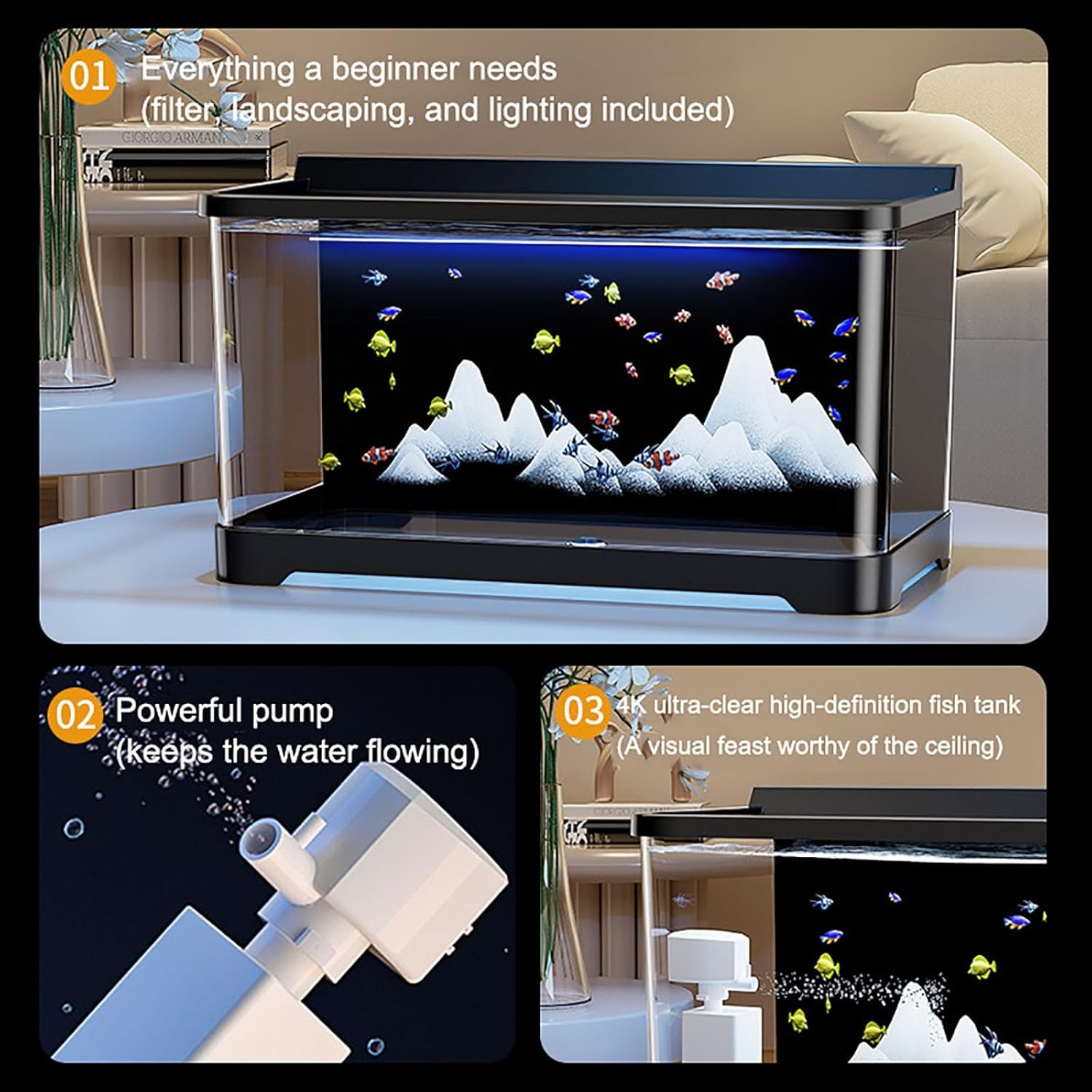 Aquarium Kit, Ultra-Clear Desktop Fish Tank with Light and Filter, Adjustable 3 Color Lighting,Perfect for Small Fish, Shrimp, Or Betta(Small)