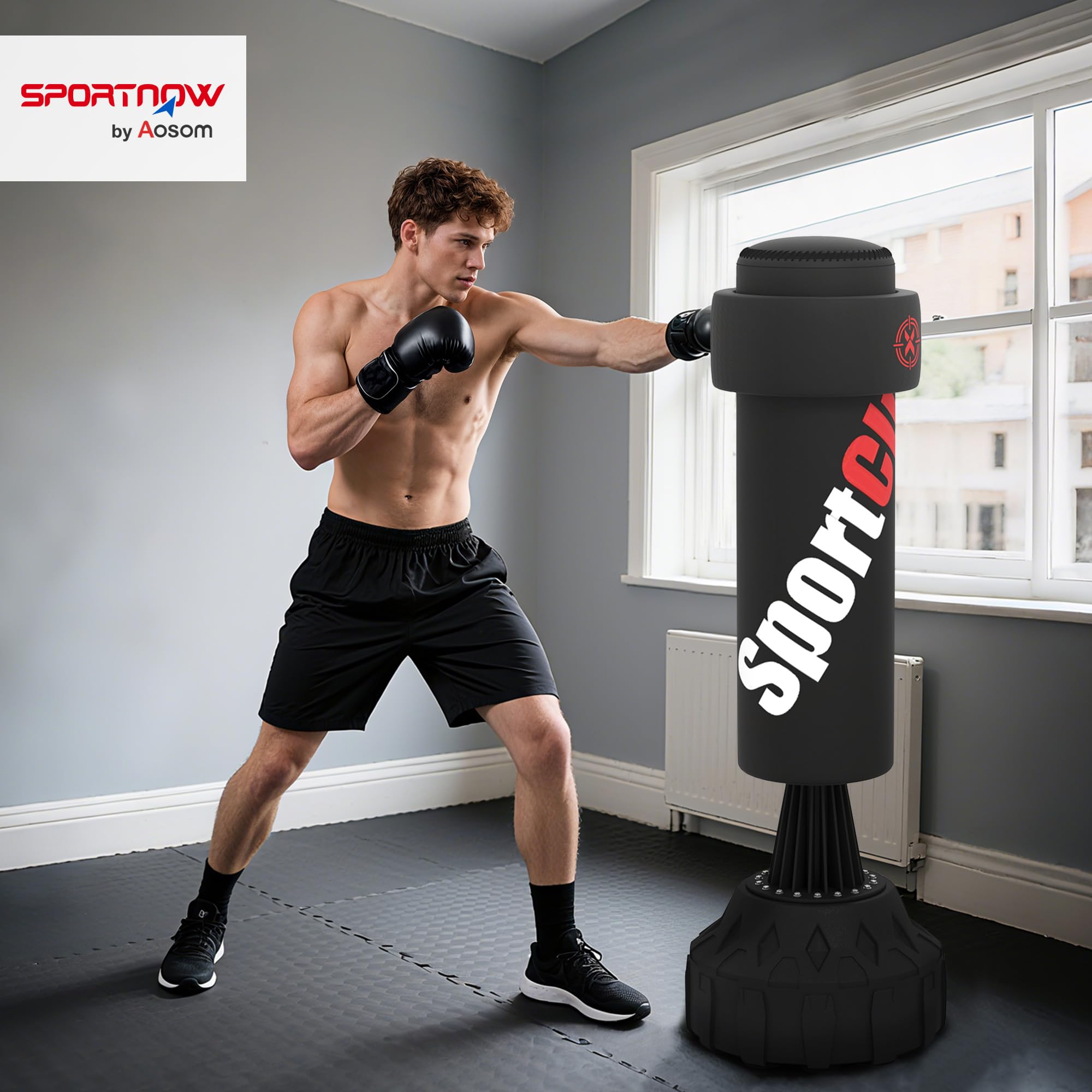 SPORTNOW Sacco da Boxe da Terra con Bersaglio, Sacco da Boxe Autoportante Professionale con Base Riempibile e Ventose, Nero