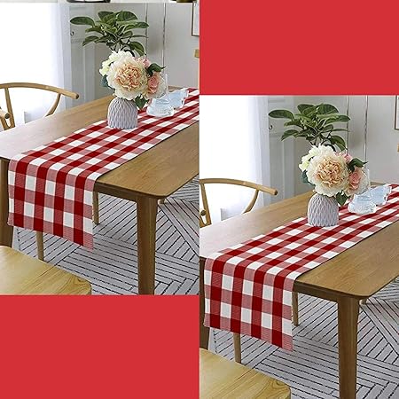 Buffalo Checks Cotton Table Fabric Runner, 2 Pieces, Farmhouse Style Plaid, 13x120 Inch long/33x305 Cms, Red/White, Wedding Table Runner Christmas Party Outdoor Gathering Decorations by Lushomes