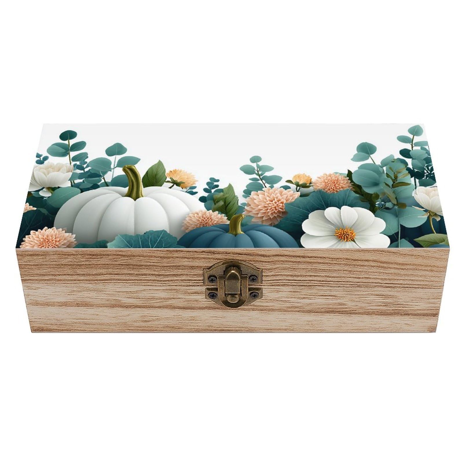Jubonexis Ivory And White Pumpkins with Elegant Florals Wooden Storage Box with Hinged Lid And Front Clasp Large Keepsake Box