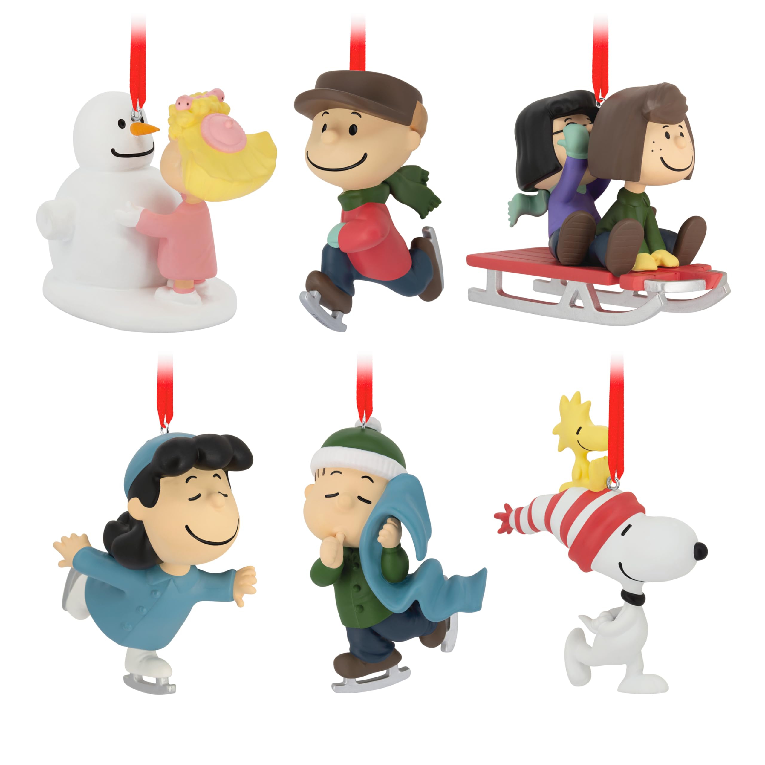 Hallmark Collectable PEANUTS Ornaments, Pack of 6, PEANUTS Gang Winter Activities Figures, Hanging Ornaments, SNOOPY