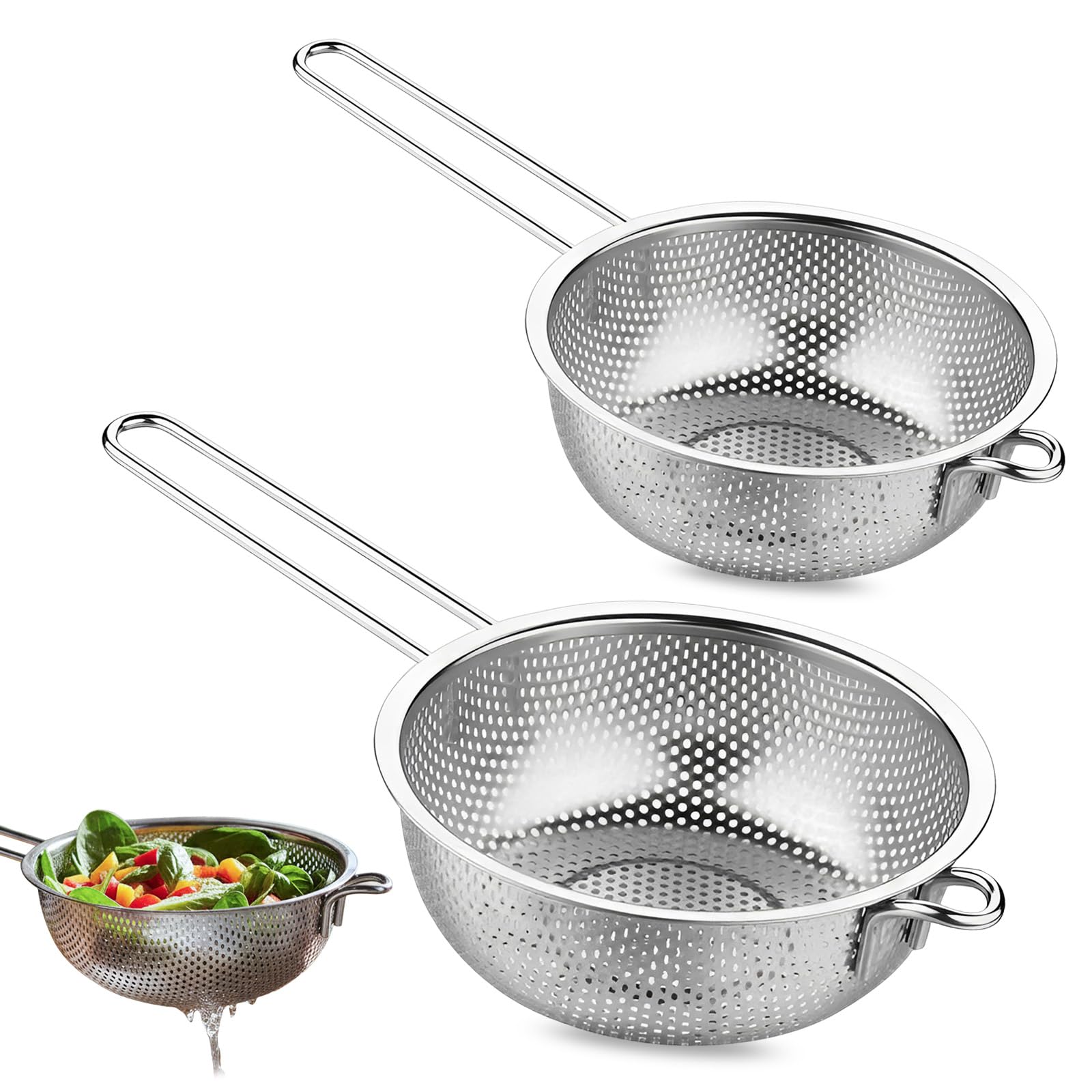 2 PCS Stainless Steel Wash Basket, Spaghetti Metal Sink Metal Sieve Rice Washer Perforated Strainer with Long Handle for Pasta Fruits Vegetables (19.5cm+22.5cm)