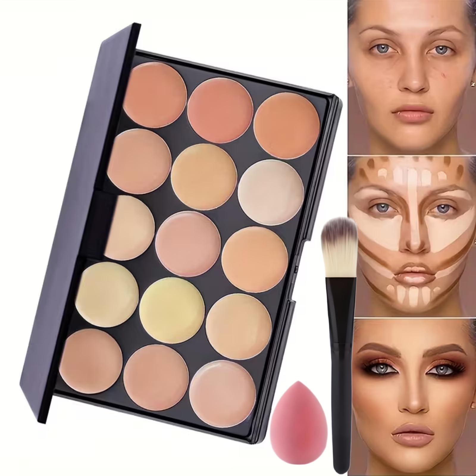 15 Farben Concealer-Palette, Creme-Kontur-Concealer-Set mit Pinsel und Schwamm, vielseitige Highlight-Camouflage-Kontur, langanhaltende Make-up-Palette zum Kaschieren von Rötungen und Augenringen