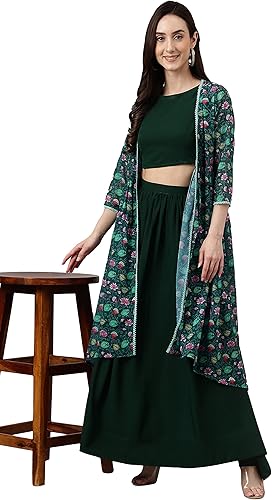 Miniatura 4 de Janasya Indian - Camiseta corta color crepé verde con falda y chaqueta para mujer