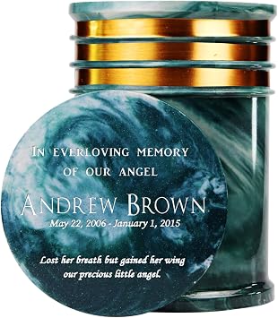 1pc Personalized Cultured Marble Cremation Urn with Laser Engraved on Top for Adult Sized Human Ashes Made with Marble Dust and Resin Binder - Burial, Memorial and Funeral