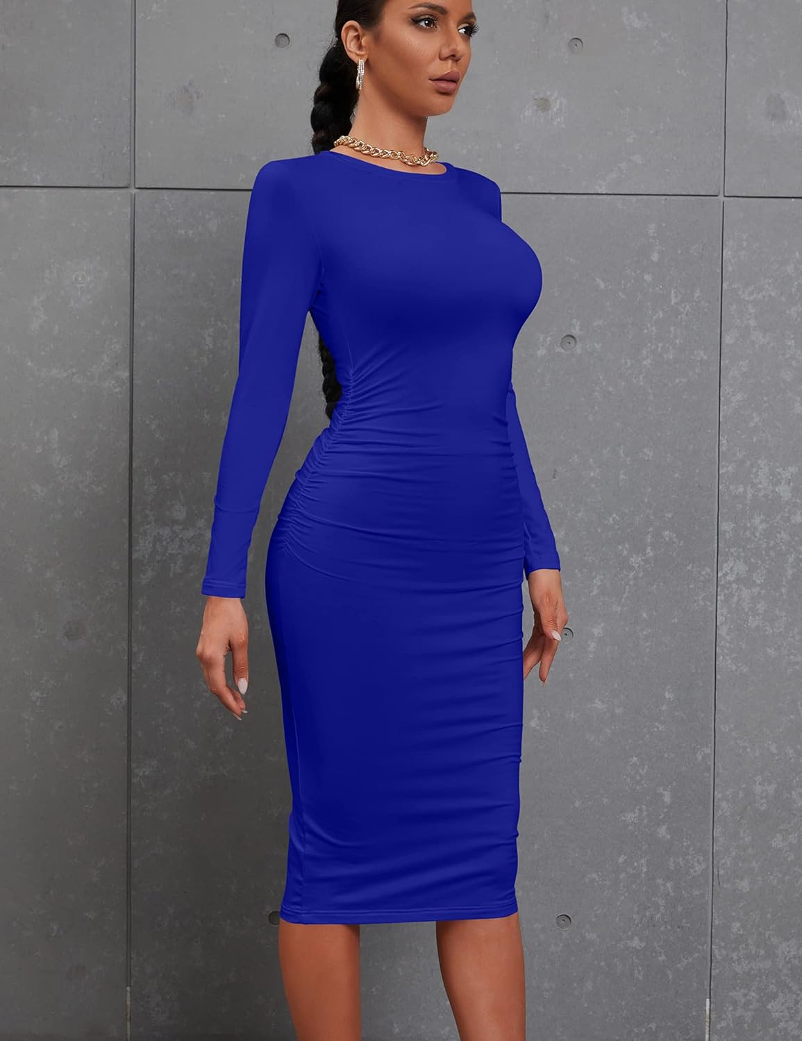 Kaximil Women's Sexy Bodycon Ruched Long Sleeve Basic Midi Club Party Pencil Dresses - Image 4