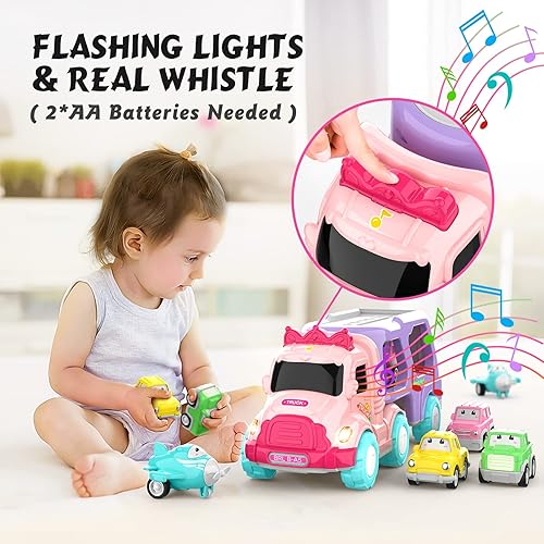 Miniatura 2 de Juguetes para niñas de 1 a 2 años, camión transportador 7 en 1, juguetes para niñas pequeñas, autos de juguete alimentados por fricción con luces y