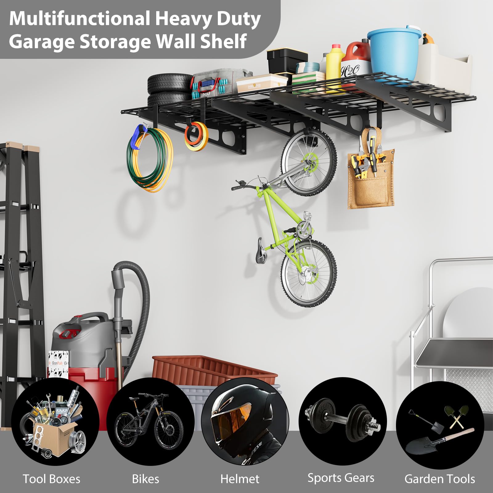 Set 2 Mensole Porta Attrezzi Da Parete Per Garage – Scaffali Industriali in Metallo, Portata 800kg – Ideale Per Officina, Magazzino, Cantina – Organizzazione Spazi, 2x4/2x6 ft