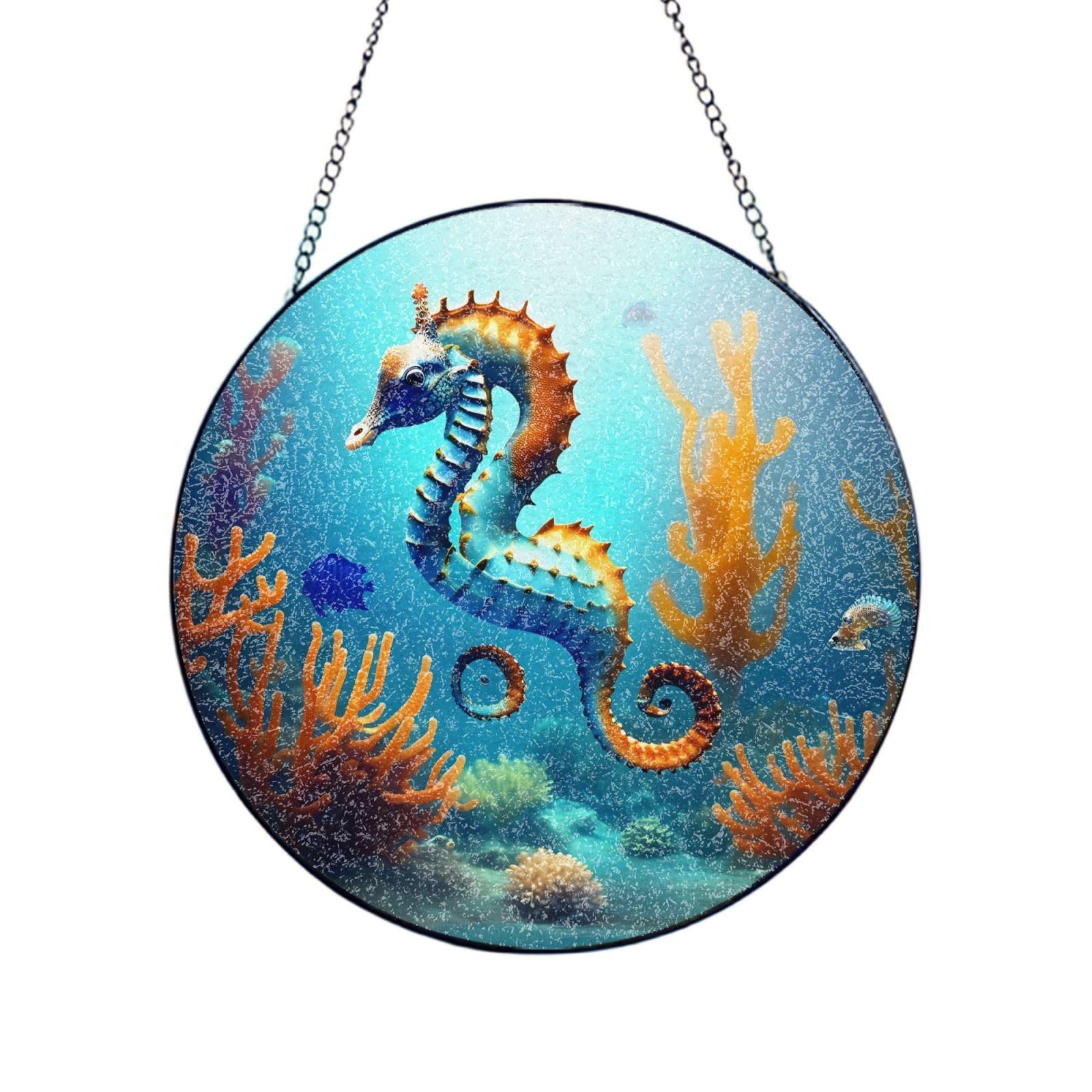 Poezjzw Stained Glass Window Hanging - Seabed Coral Seahorse Sun Catcher For Door Garden Home Decor Christmas Mother'S Day Birthday Gifts 6in（15cm）