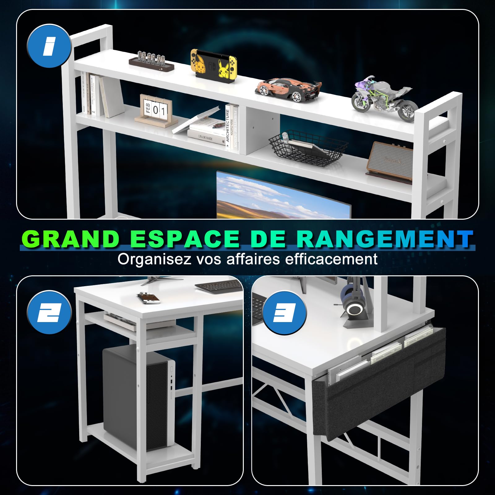 JUMMICO Bureau Gaming d'angle en L avec Rangement, 160x120 cm, Blanc