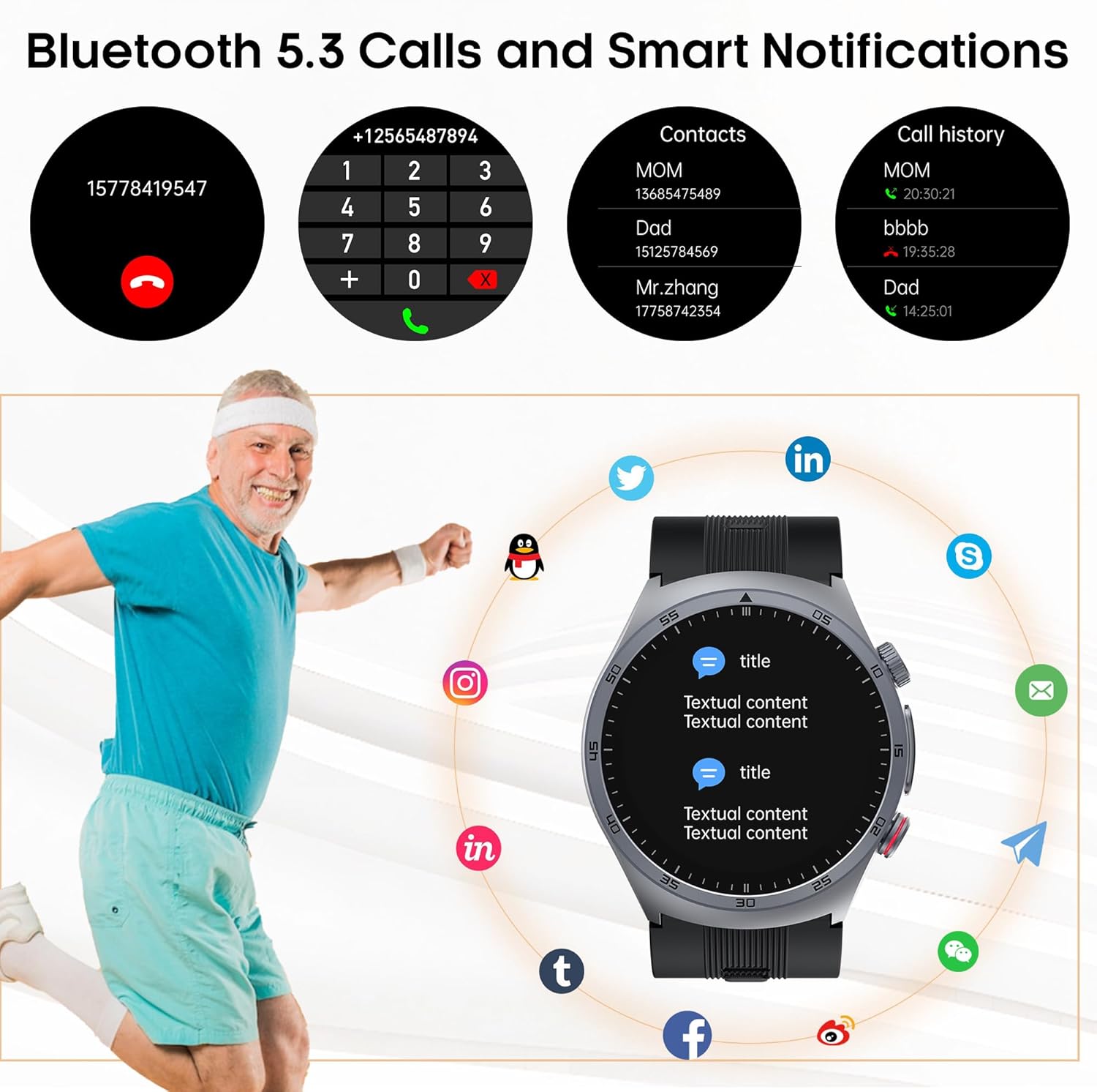 Blood Pressure Smart Watch with Air Pump Airbag,Voice Broadcast (Answer/Make Calls), 1.43" AMOLED Fitness Tracker, Heart Rate/SpO2/Temperature/Sleep Monitor/Pedometer, Data Sharing