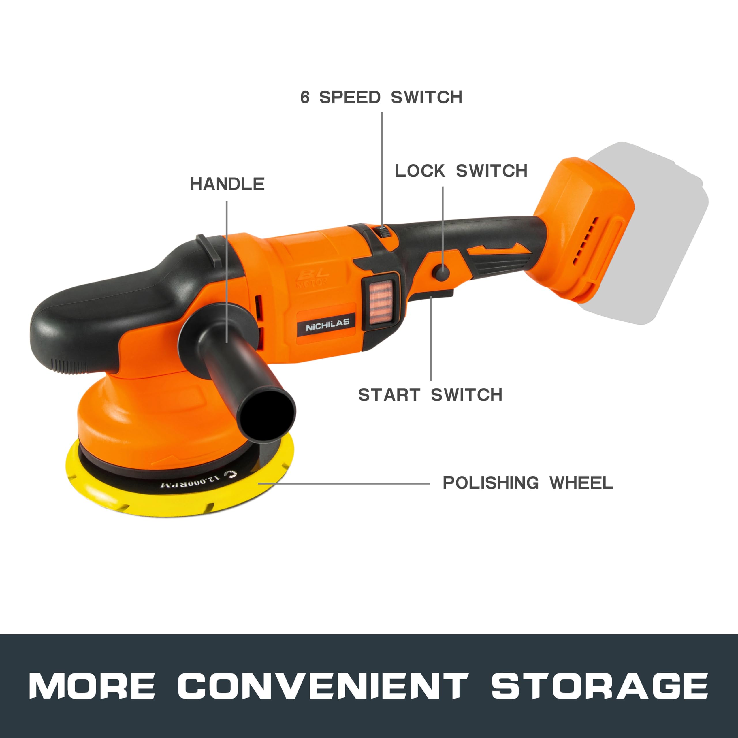 Nichilas Car Orbital Polisher Compatible with DEWALT 20V Battery, 6inch 150mm Brushless Cordless Design Buffer Car Waxer with 6 speeds 750-6800RPM, 13PCS Polishing Accessories (NO BATTERY)