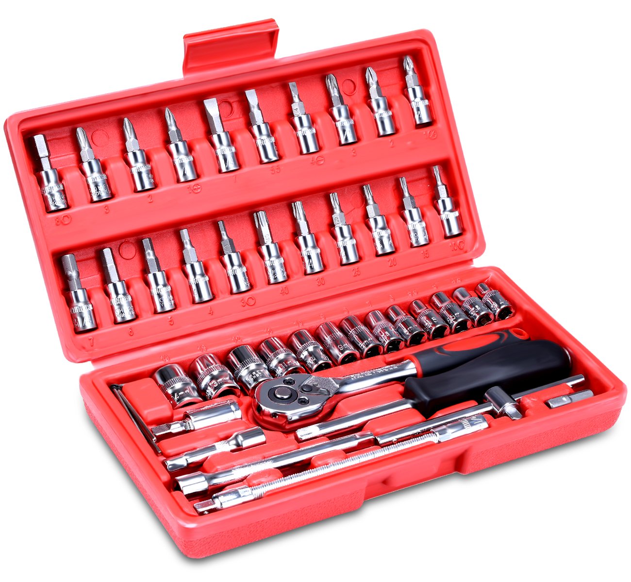 Automotive Tool Kit 46pcs 1/4" Socket Wrench Set Metric Drive Hex Bit Ratchet Wrench Adapter Extension Bar Set with Sturdy Organizer Case