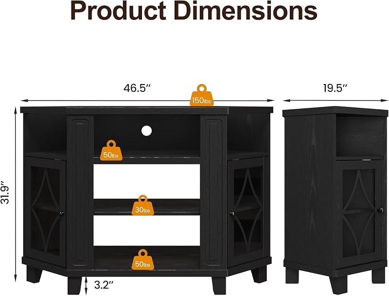 RoyalCraft Corner TV Stand for TVs up to 55 Inch: Corner Tall Entertainment Center with Storage, Modern Wood Media Console Cabinet for Living Room, Bedroom, Satin Black image 2