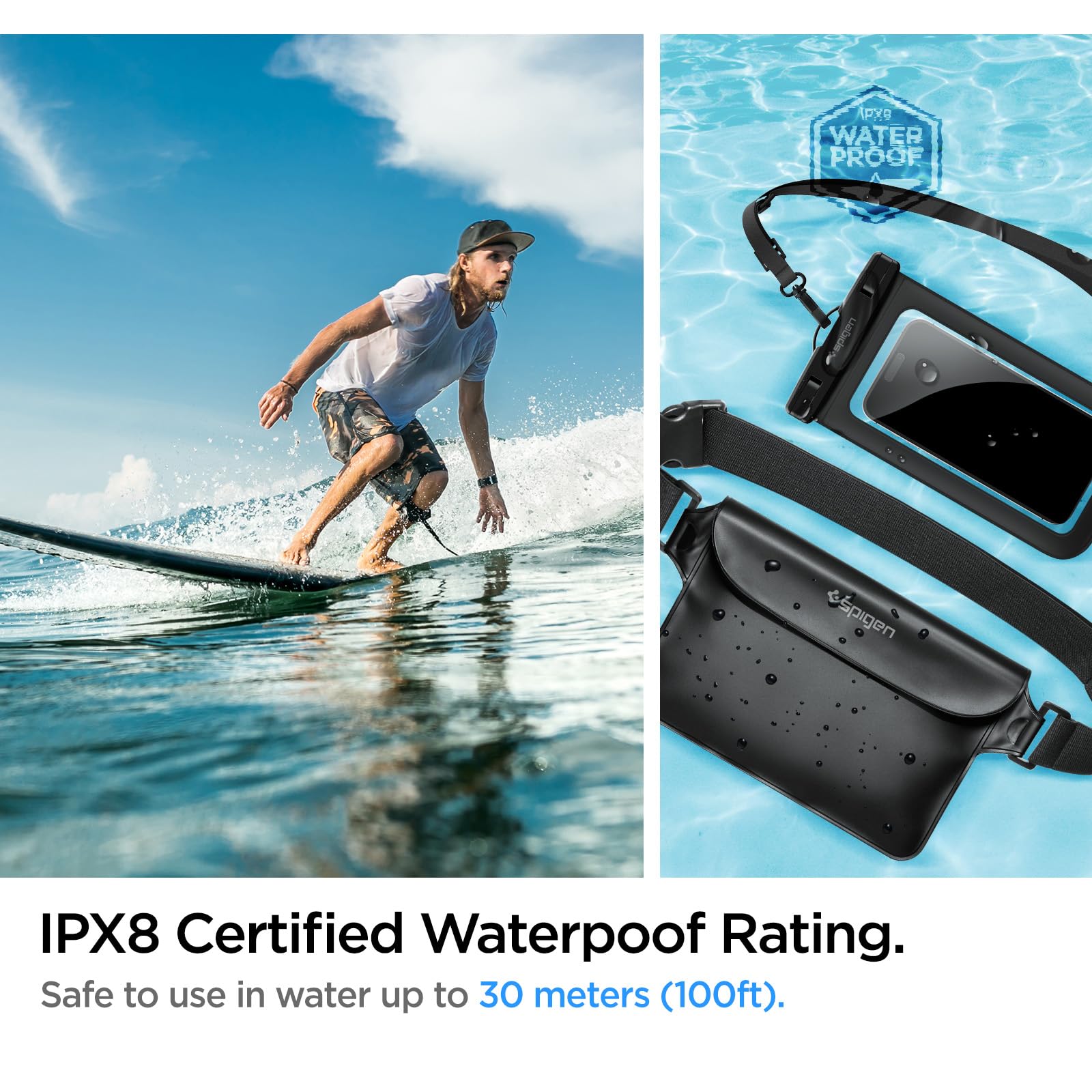 Spigen Aqua Shield Set de Bolsa Impermeable y Funda Impermeable Móvil(8.7 Pulgadas) para Playa, Piscina, Natación, Kayak, Pesca, Llave, etc - Negro
