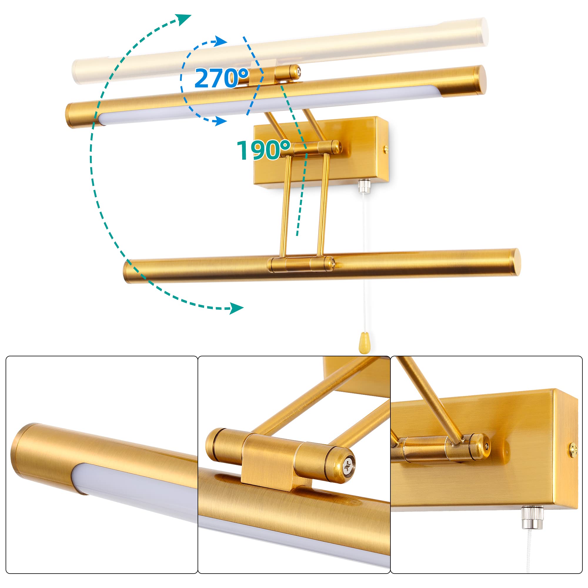 MantoLite Aplique Pared Interior 8W, Aplique de Pared LED Para Espejo de Baño con Cabezal Giratorio, Accesorios de Lámpara de Lectura de Noche de Restaurante de Hotel de 3000K (Latón 40cm)