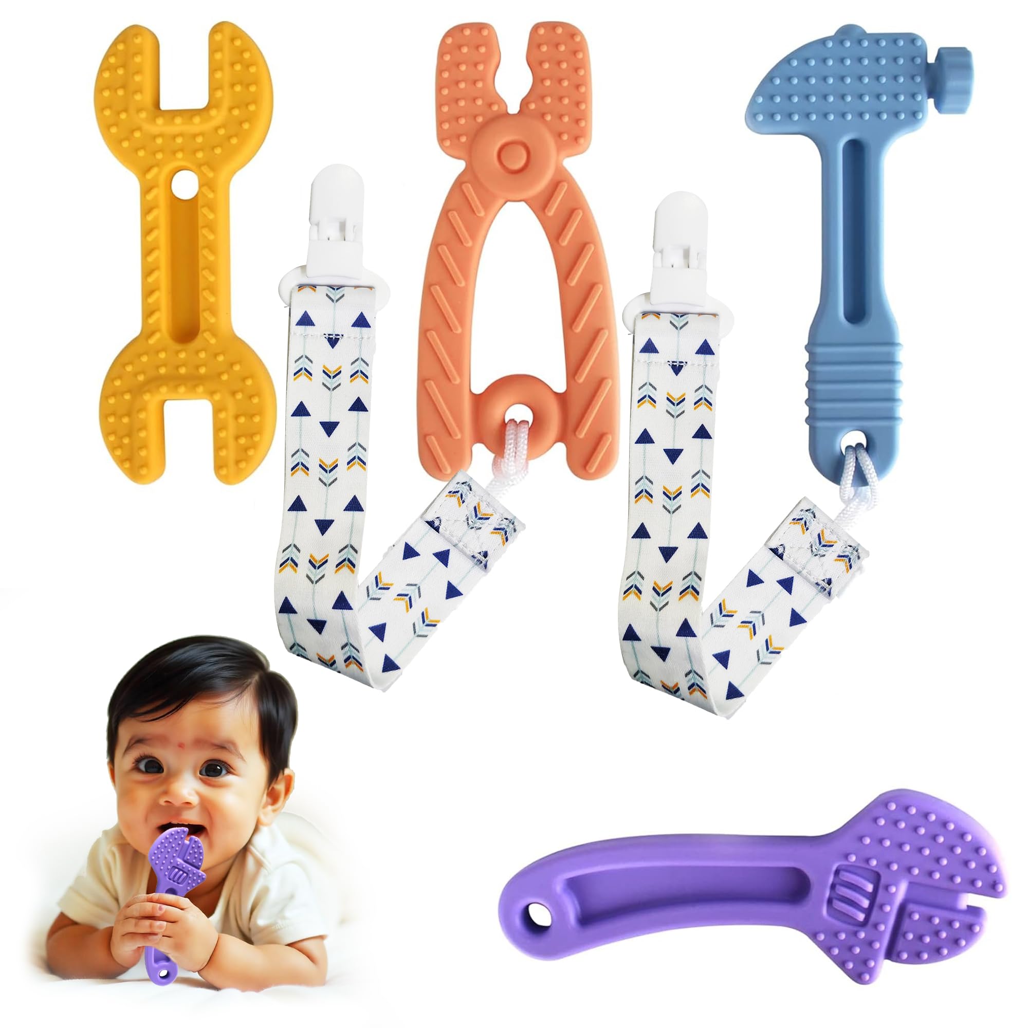 Kidology Tool Shaped Silicone Teether Set for Babies – Pack of 4 | BPA-Free Infant Teething Toys with 2 Clip Holders | Soft Chewable Tools for Toddlers 6+ Months | Safe Teething Relief & Baby Shower Gift-image-10