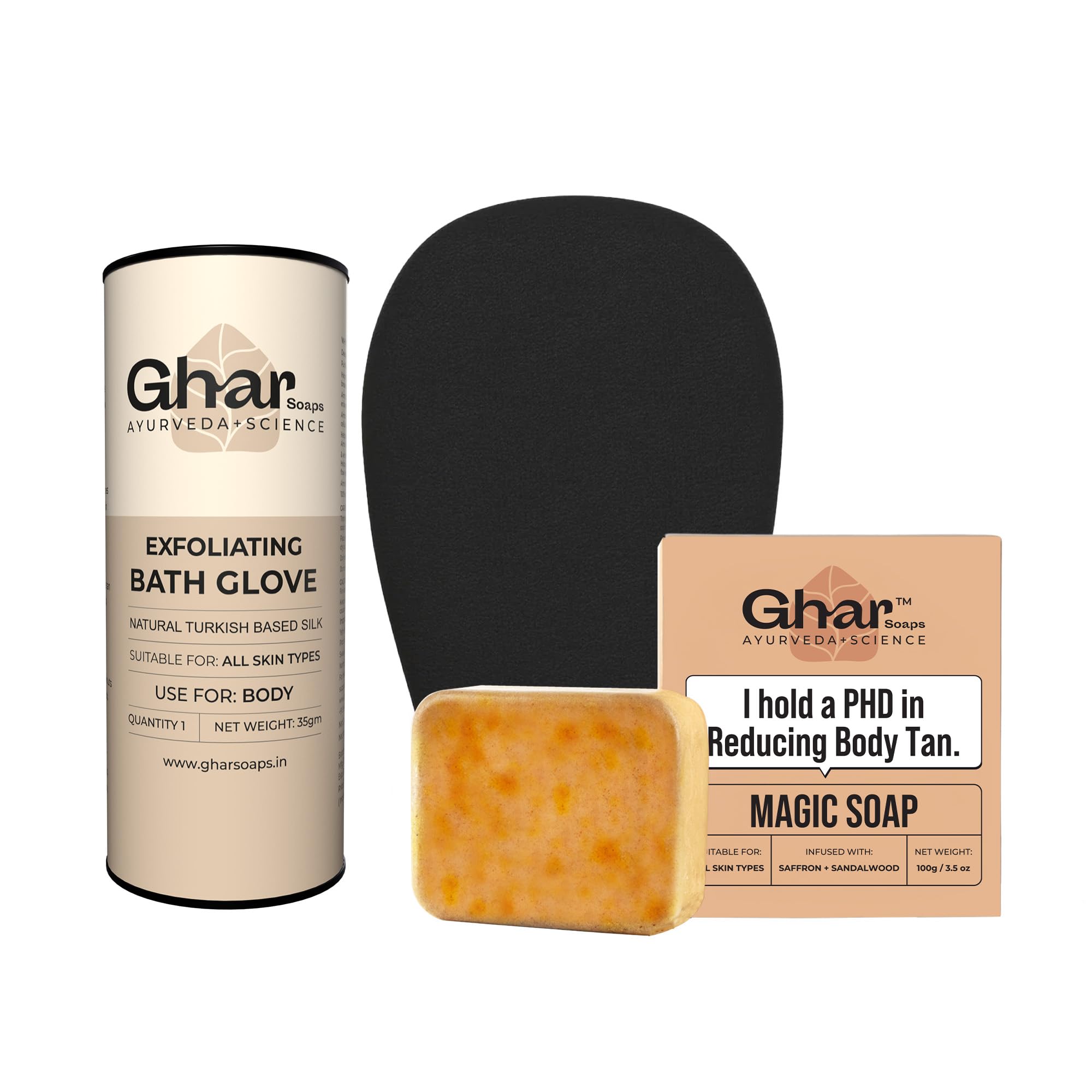 Ghar Soaps Exfoliating Body Gloves & Sandalwood Saffron Magic Soap 100Gm, Black | Paraben Free | Chandan & Kesar Soap | Handmade Soap For Men & Women | Glowing Natural Refreshing Skin | Tan Removal