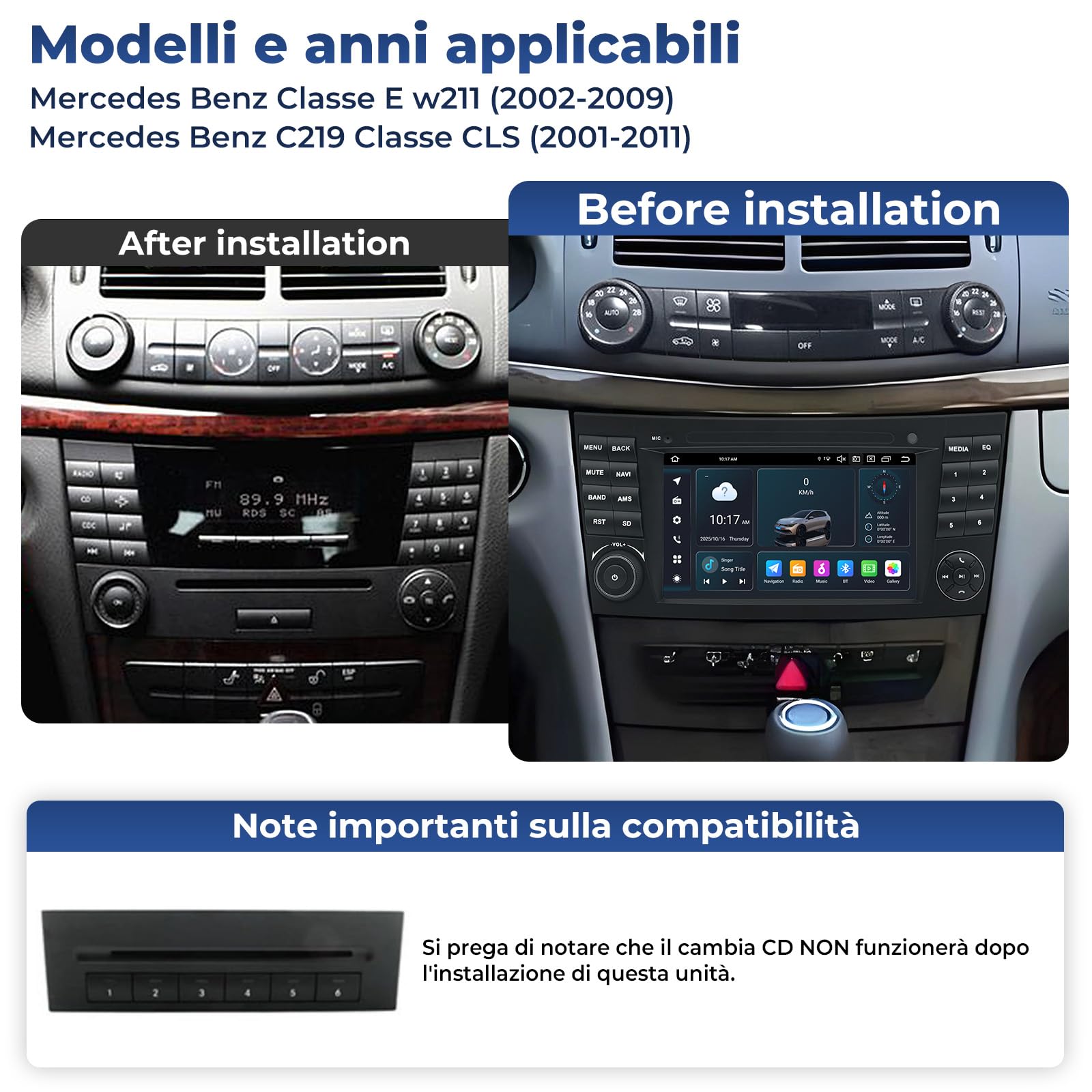 Mercedes Benz E-Klasse W211 G-Klasse W463 CLK W209 CLS W219 Autoradio mit Apple CarPlay Android Auto,7 pollici IPS Touchscreen Android 14.0 Bluetooth für Auto mit GPS Navi WiFi Am/FM (4+64G)