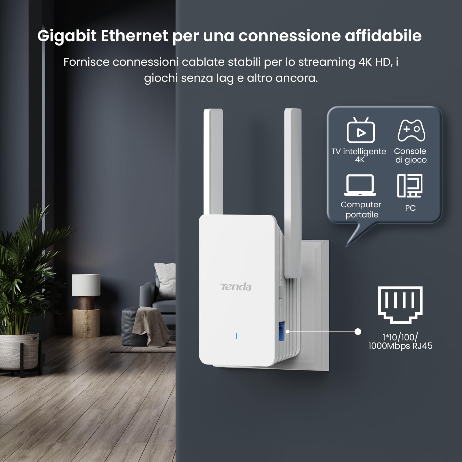 Tenda A33 Ripetitore WiFi 6 AX3000, Amplificatore WiFi 6 Doble Band Gigabit, Modalità AP, Pulsante WPS, LED Segnale Intelligente