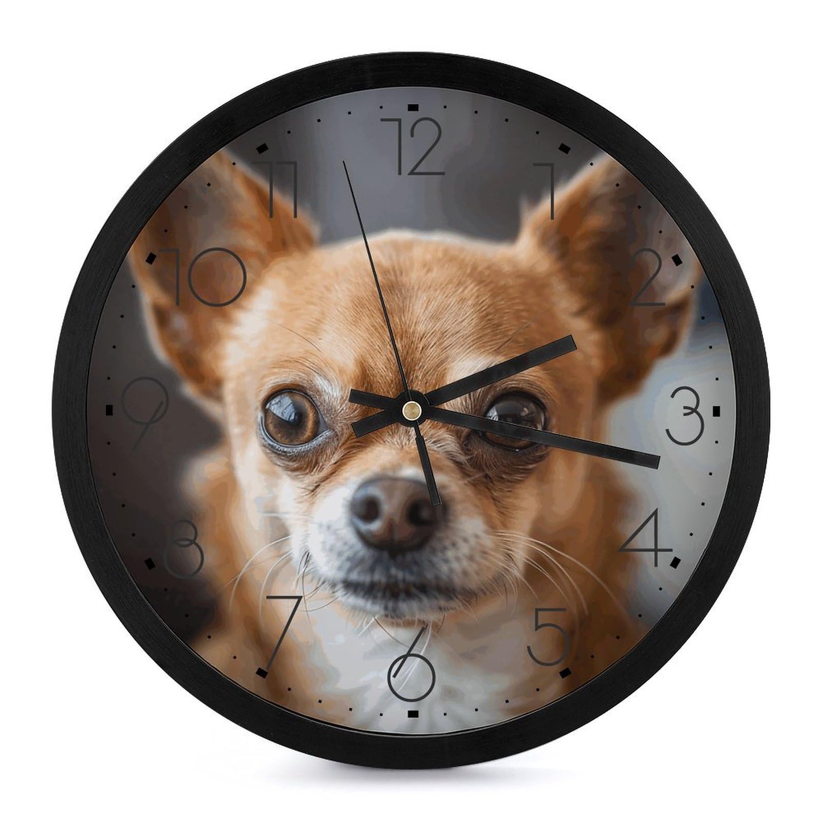 Horloge murale silencieuse sans tic-tac grand cadran lisible motif chihuahua marron