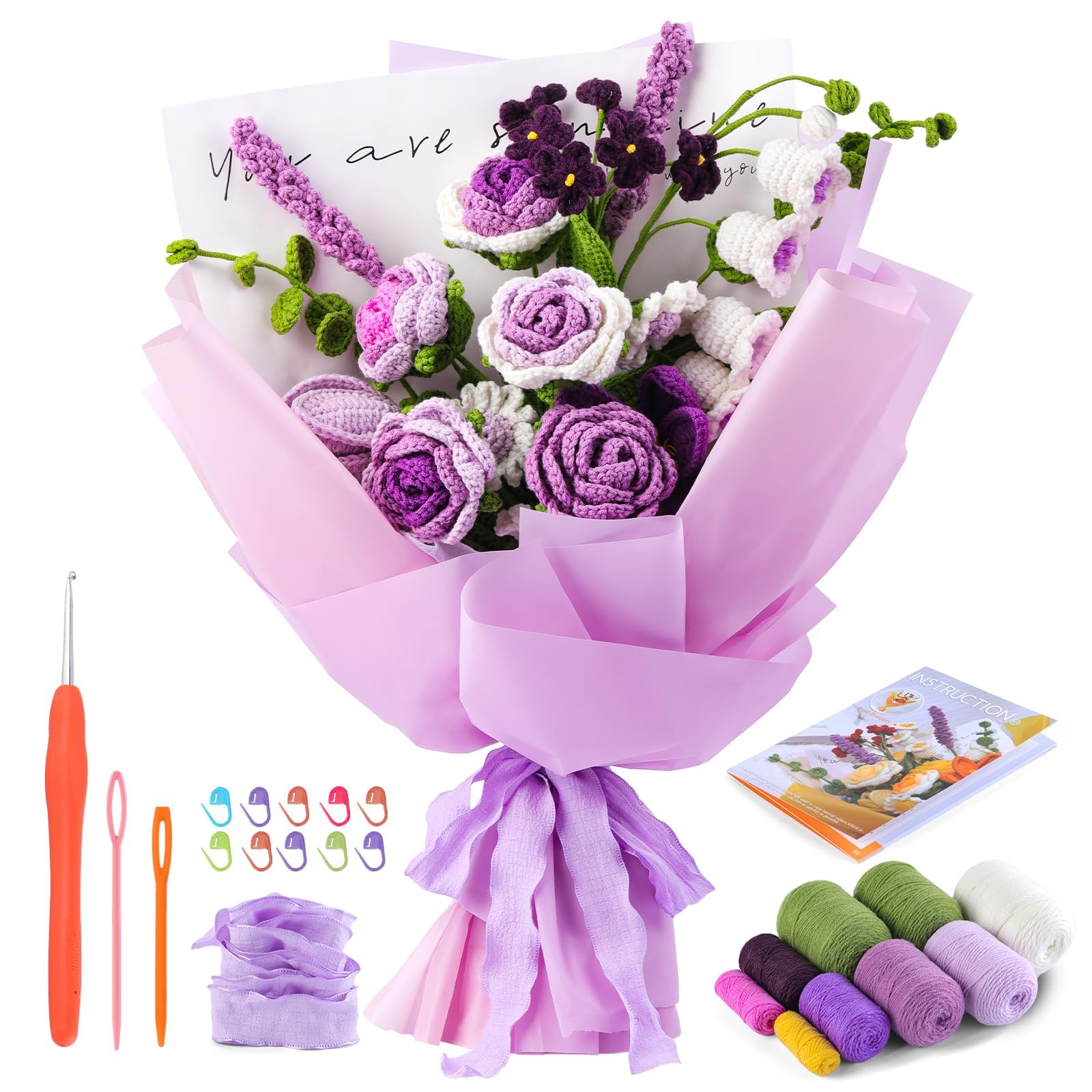 Beginner Crochet Flower Bouquet Kit - Purple Roses -1