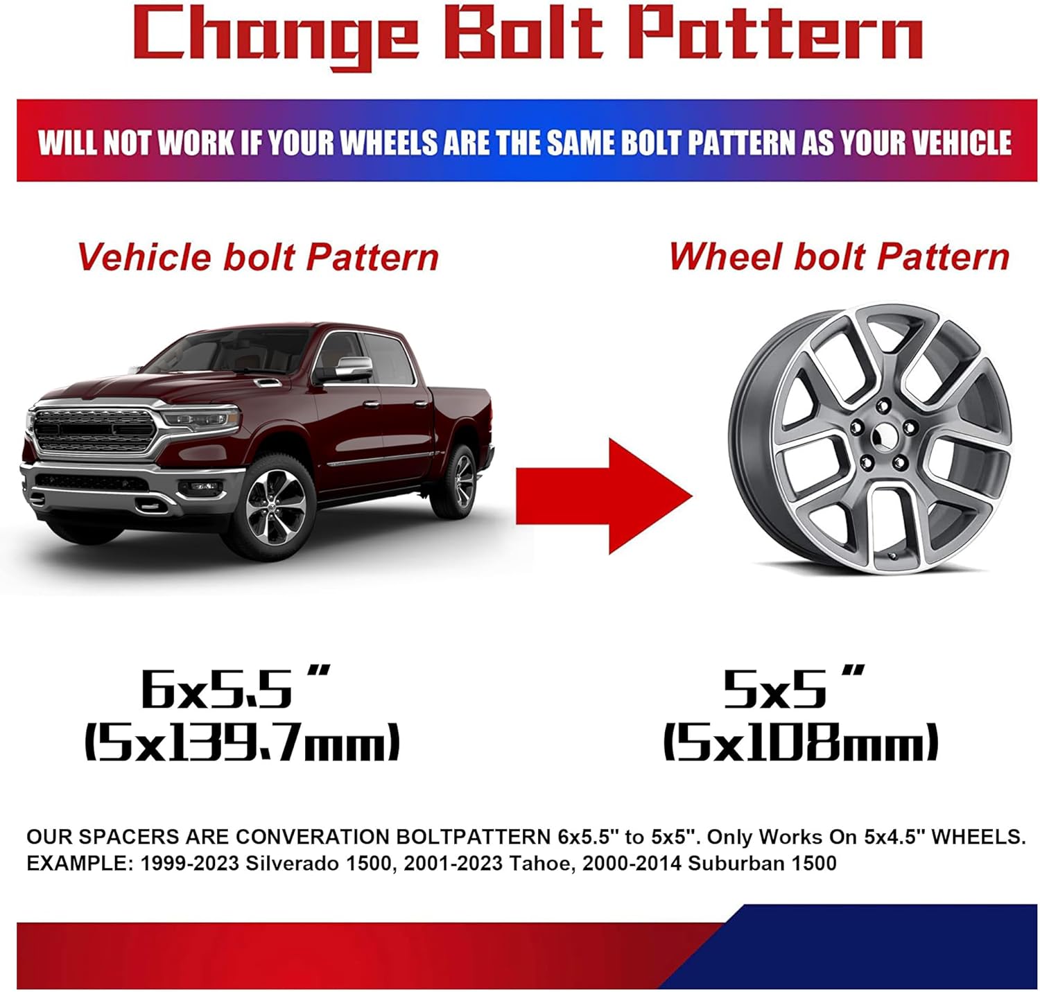 FLYCLE 6x5.5 to 5x5 Wheel Adapters, 2 inch 6x139.7 to 5x127 Wheel Adapters 108mm Center Bore with 14x1.5 Studs