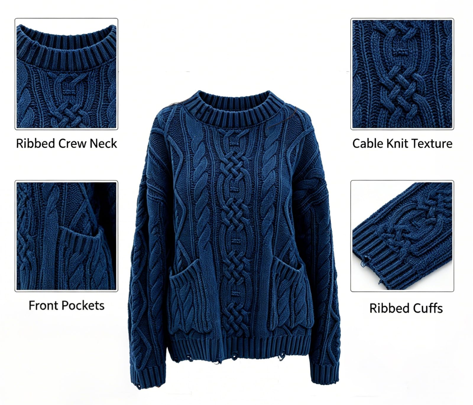 Maglione da donna a maglia spessa a girocollo, effetto usurato con tasche