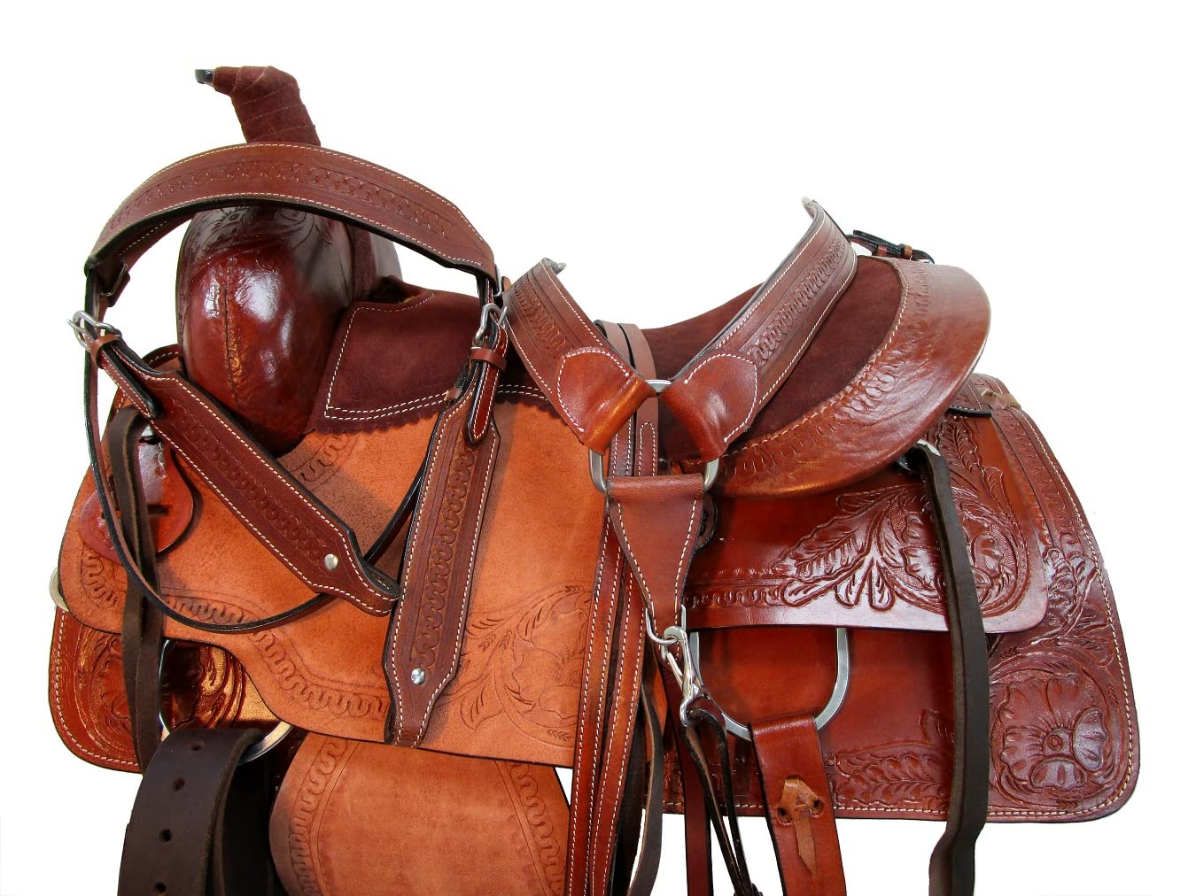 Western Saddle Trail Pleasure Horse Saddles Rodeo Cowboy Floral Tooled Leather Tack Set 15 16 17 18