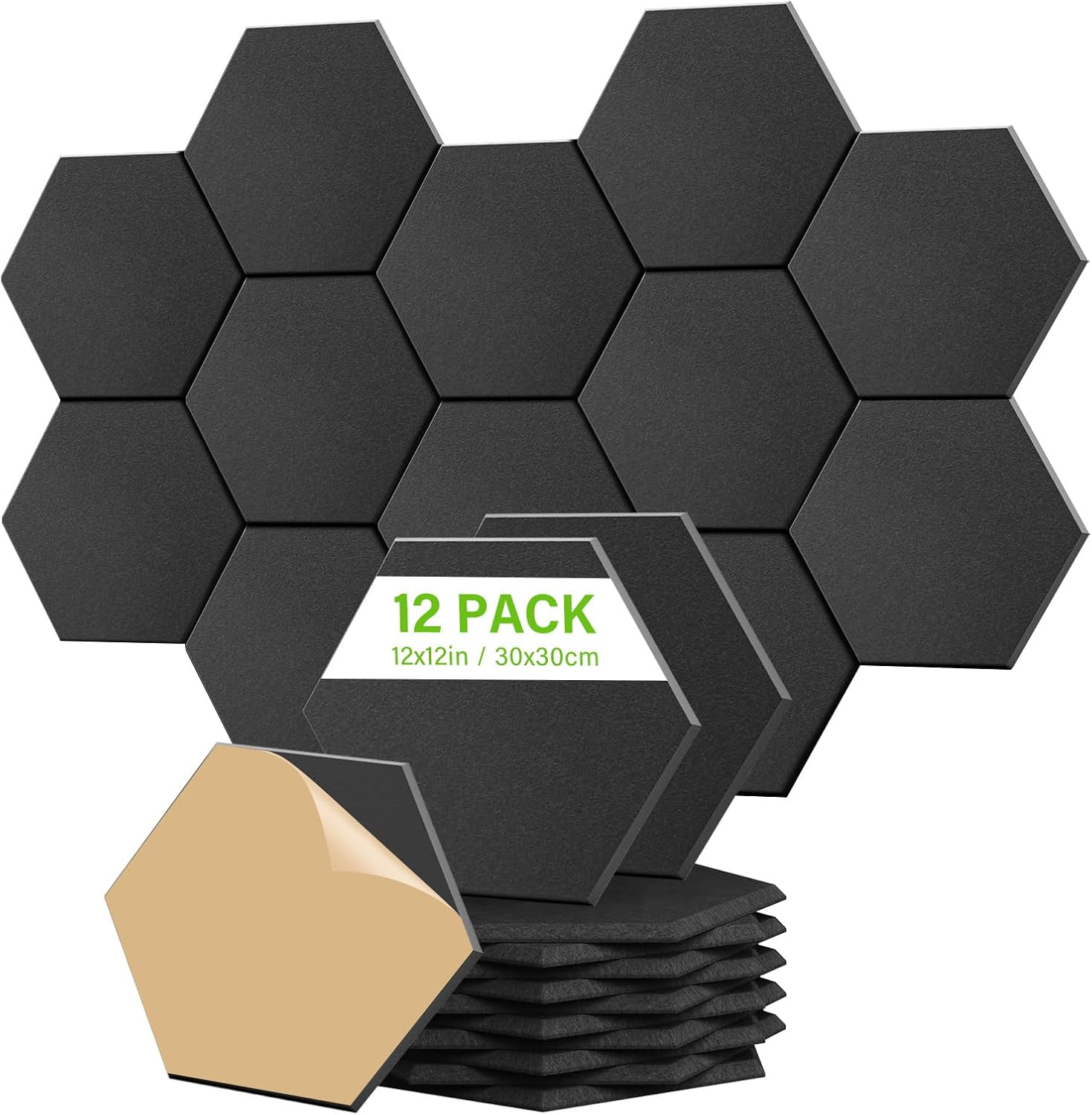 12 Pack Acoustic Panels, Black Hexagon Panels, Self-Adhesive Acoustic Foam Tiles, Sound Proof Panels for Recording Studio Gaming Room Home Office, Absorb Noise and Eliminate Echoes (Black)