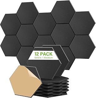 12 Pack Acoustic Panels, Black Hexagon Panels, Self-Adhesive Acoustic Foam Tiles, Sound Proof Panels for Recording Studio Gaming Room Home Office, Absorb Noise and Eliminate Echoes (Black)