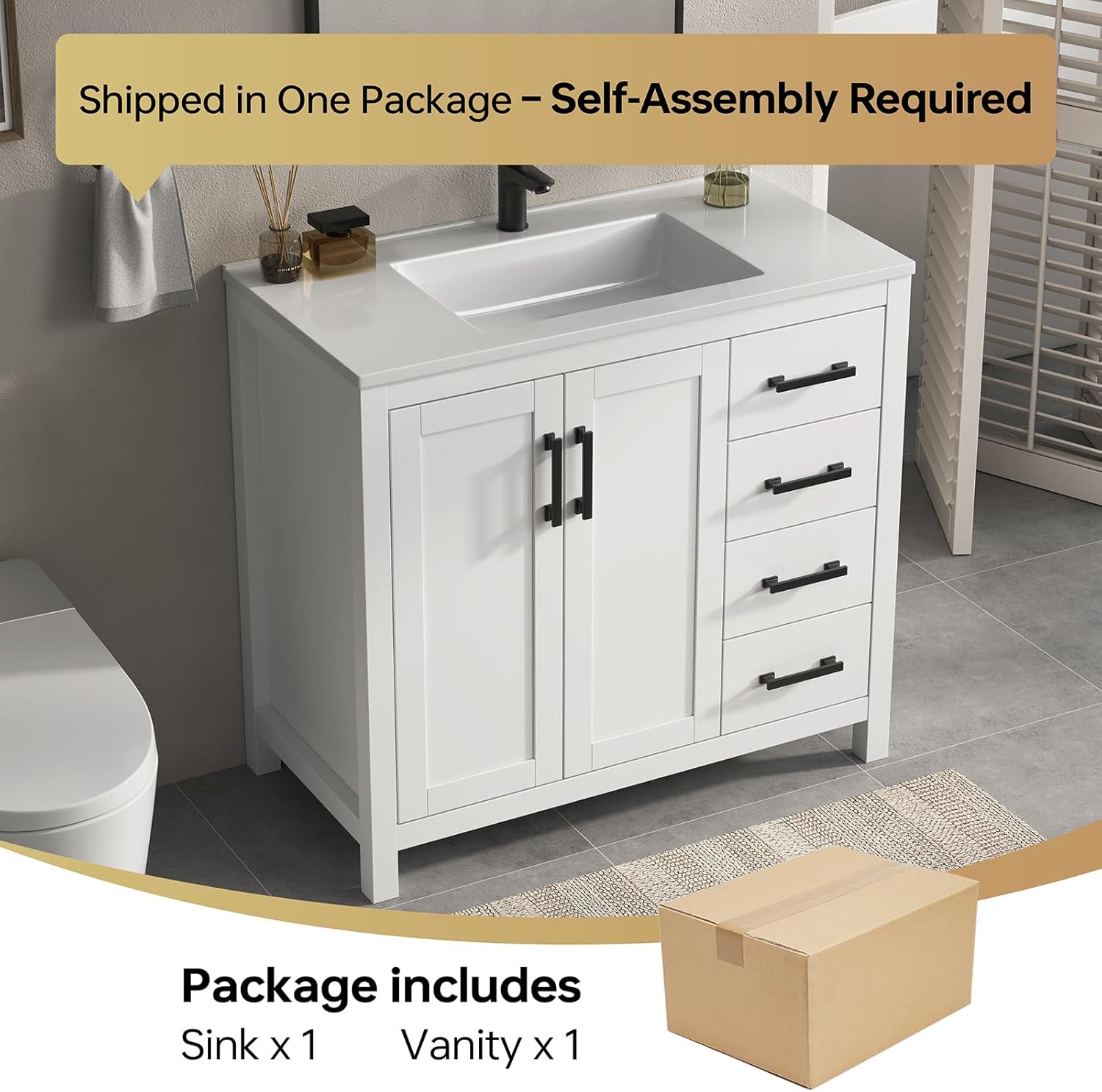 36 Inch Bathroom Vanity with Sink Combo, Modern Bathroom Storage Vanity Sink with Soft Close Doors & Drawers, 36 Inch Vanity with Integral Sink, Large Storage, Adjustable Feet, White