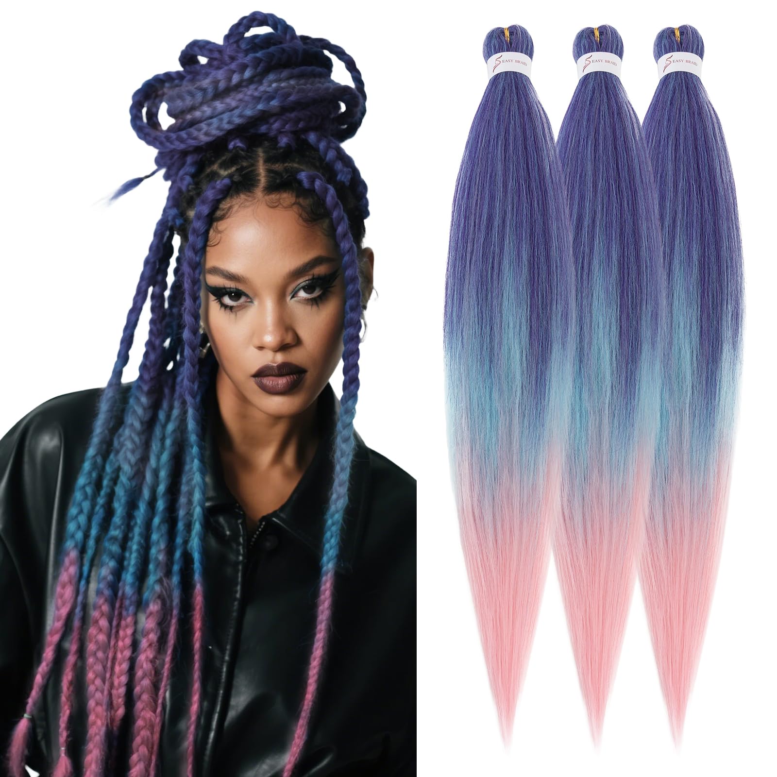 S-noilite Long EZ Braids Pre-Stretched Easy Braiding Hair Extensions for Crochet Box Twist Braids Ombre Yaki Texture Synthetic Hair Hot Water Setting,26 Inch 3 Packs 270g,Dark Blue to Blue to Pink